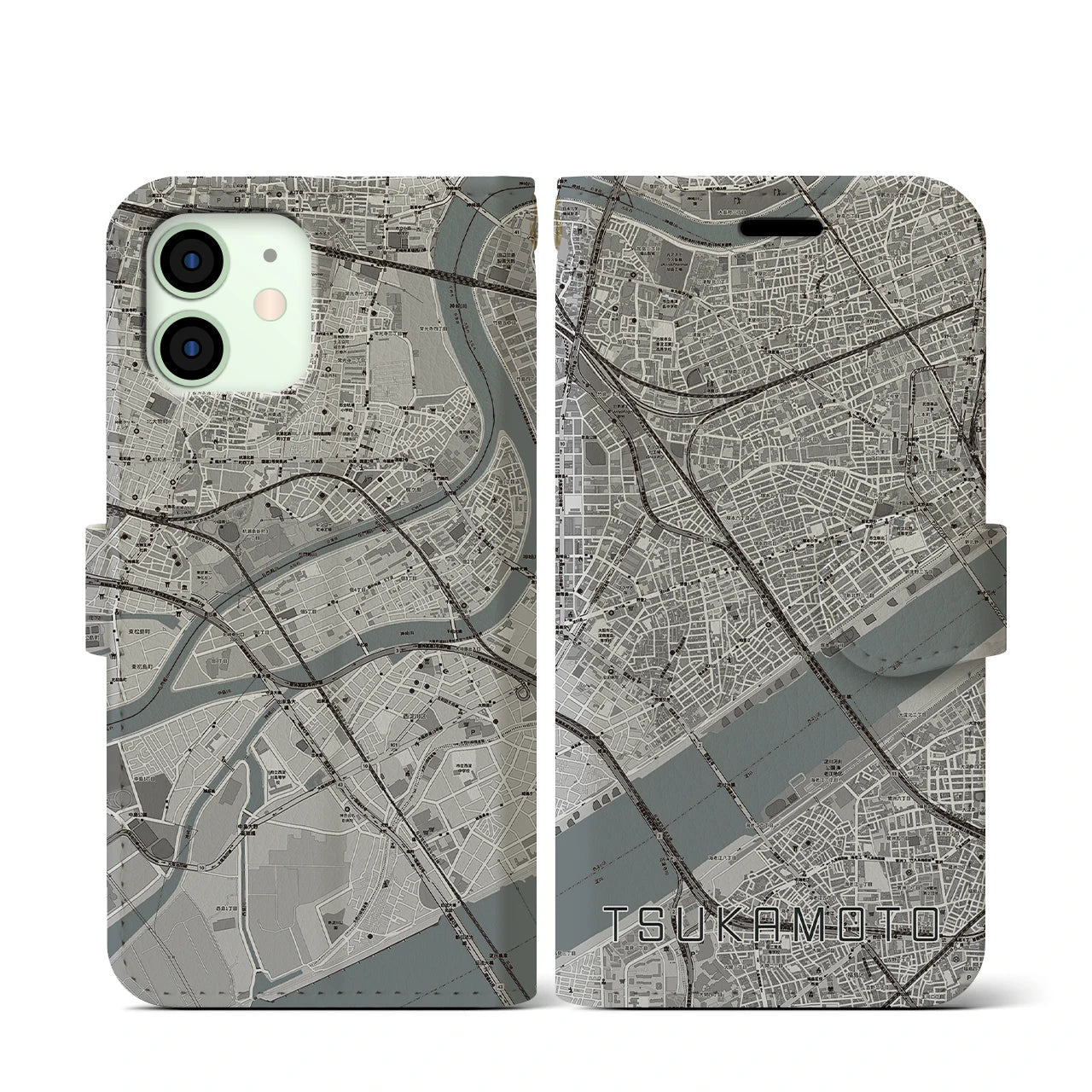 【塚本(大阪府)】地図柄iPhoneケース(手帳タイプ)モノトーン・iPhone 12 mini 用