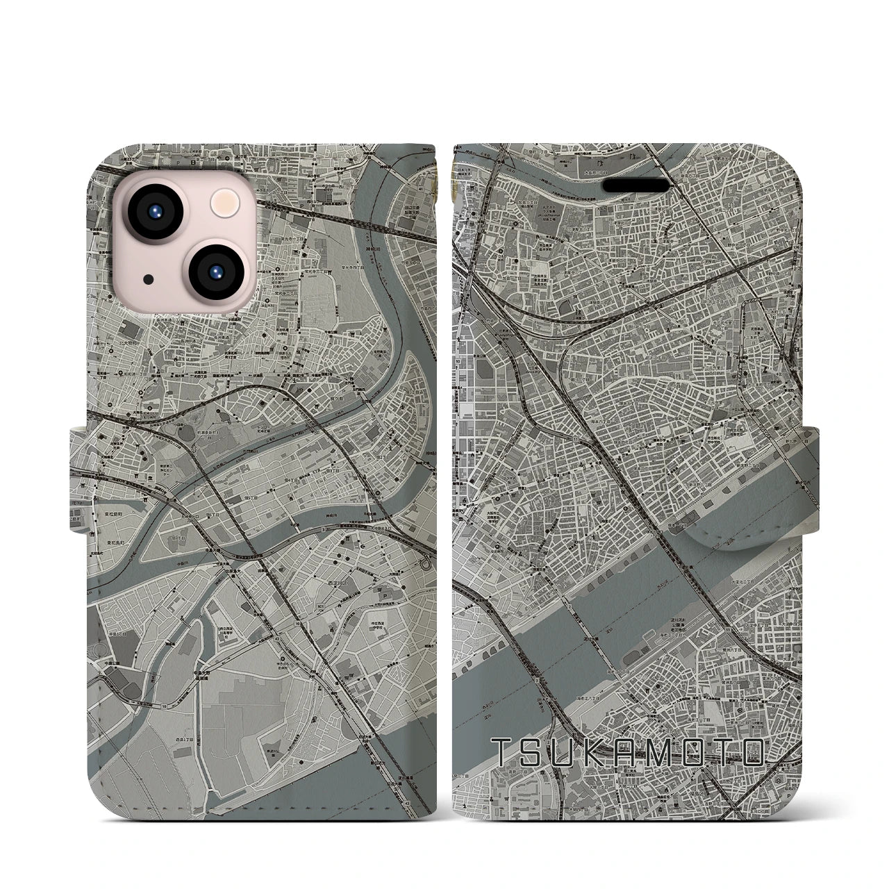 【塚本(大阪府)】地図柄iPhoneケース(手帳タイプ)モノトーン・iPhone 13 mini 用