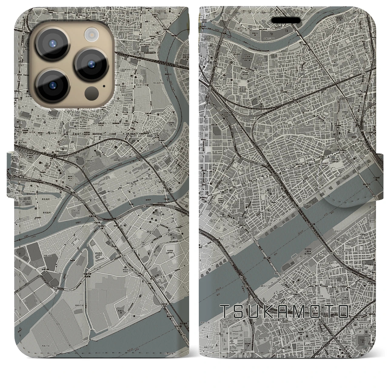 【塚本(大阪府)】地図柄iPhoneケース(手帳タイプ)モノトーン・iPhone 14 Pro Max 用