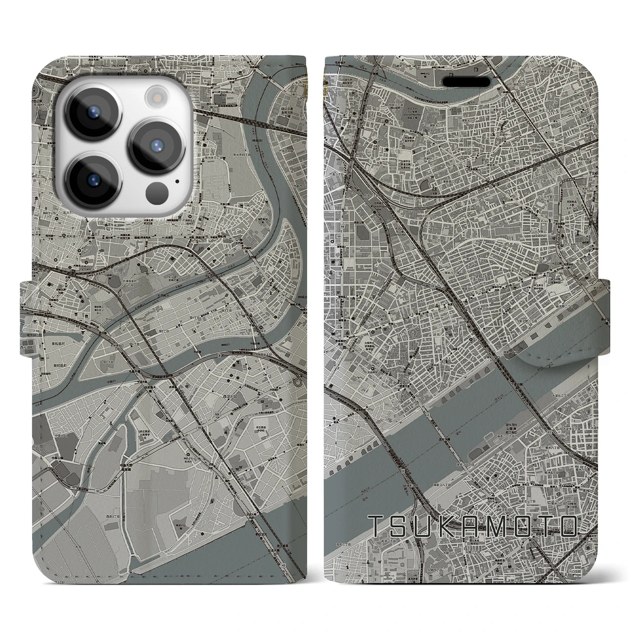 【塚本(大阪府)】地図柄iPhoneケース(手帳タイプ)モノトーン・iPhone 14 Pro 用