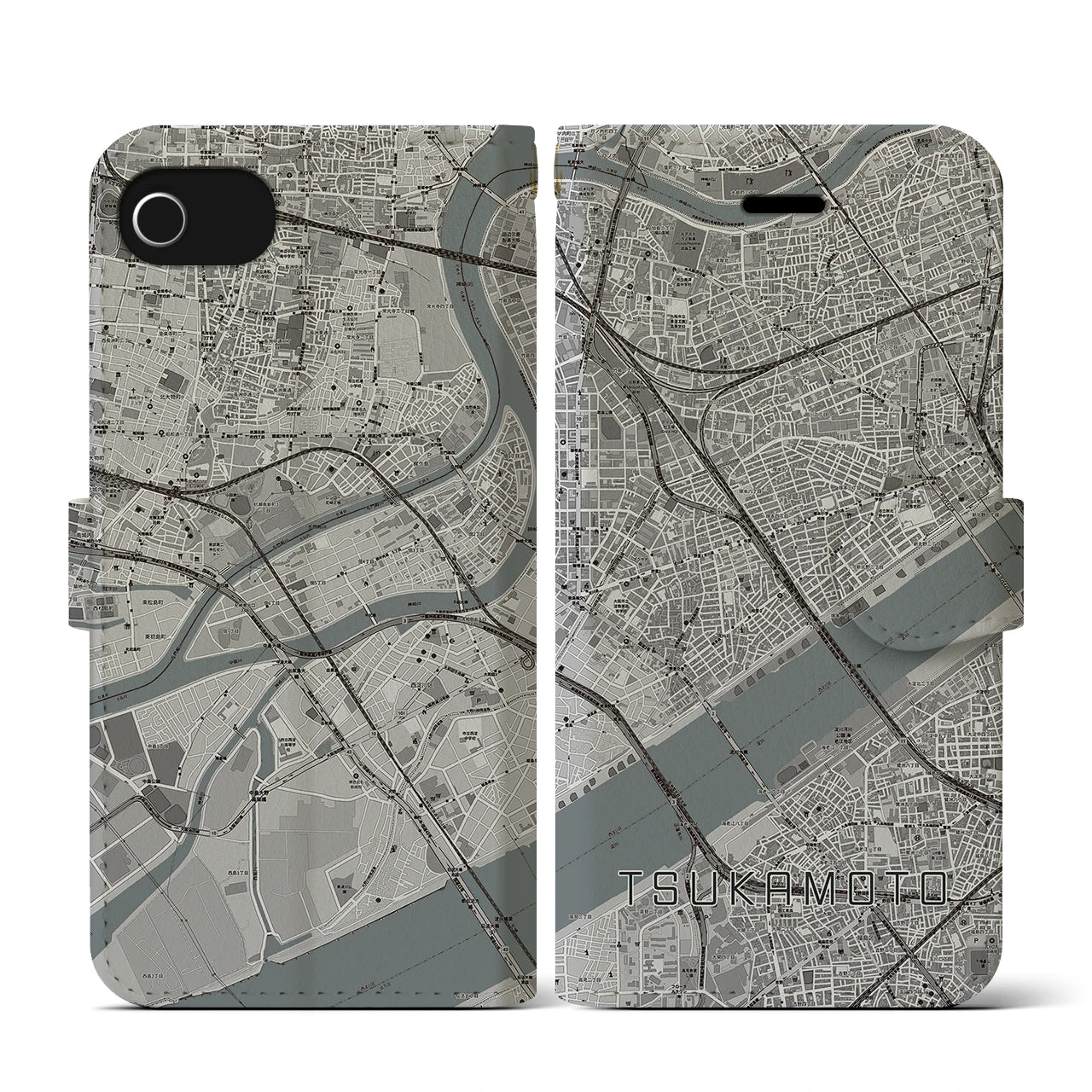 【塚本(大阪府)】地図柄iPhoneケース(手帳タイプ)モノトーン・iPhone SE(第3 / 第2世代) / 8 / 7 / 6s / 6 用