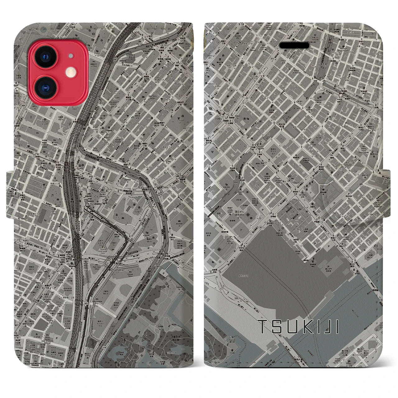 【築地(東京都)】地図柄iPhoneケース(手帳タイプ)モノトーン・iPhone 11 用