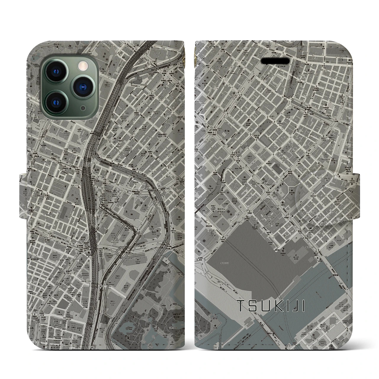 【築地(東京都)】地図柄iPhoneケース(手帳タイプ)モノトーン・iPhone 11 Pro 用