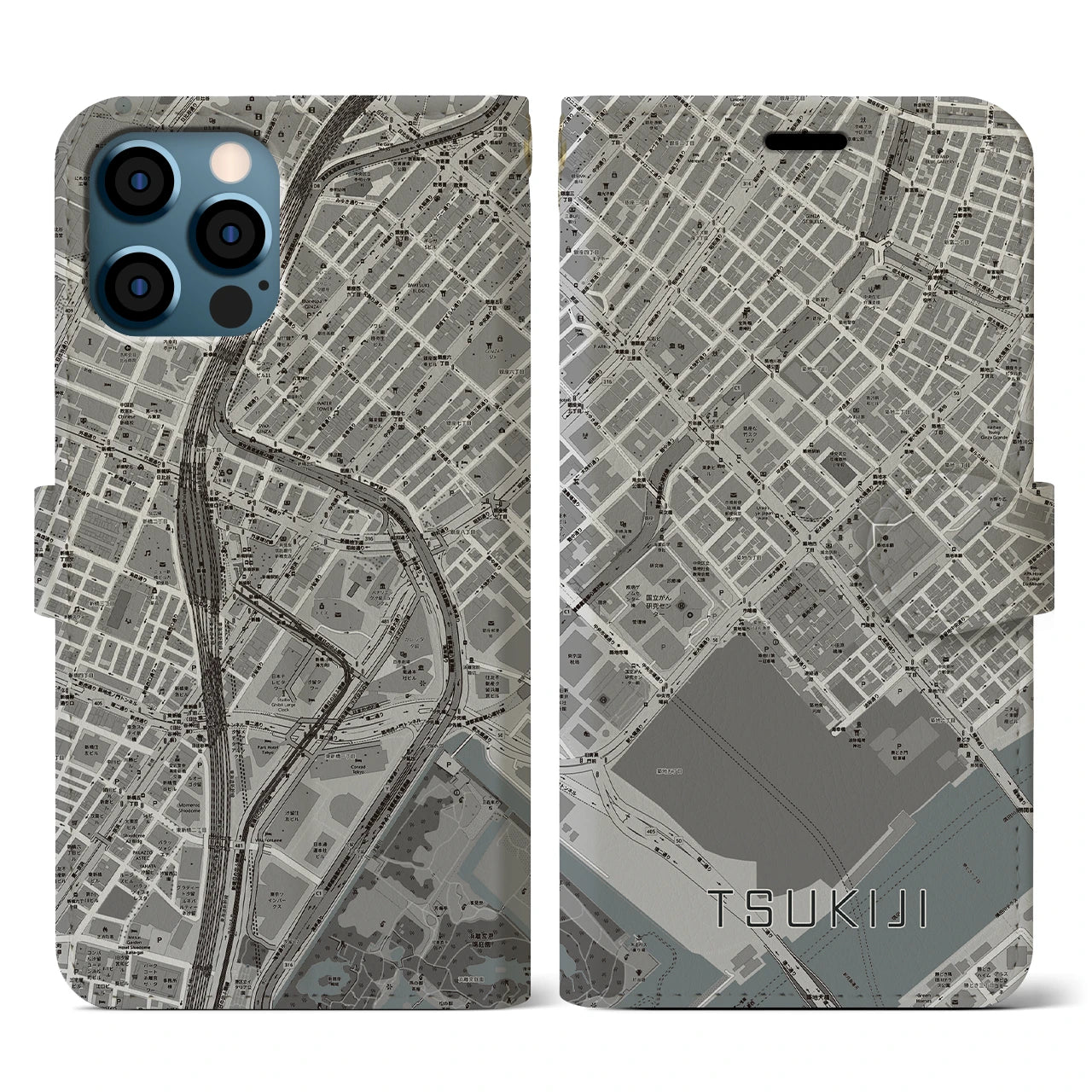 【築地(東京都)】地図柄iPhoneケース(手帳タイプ)モノトーン・iPhone 12 / 12 Pro 用