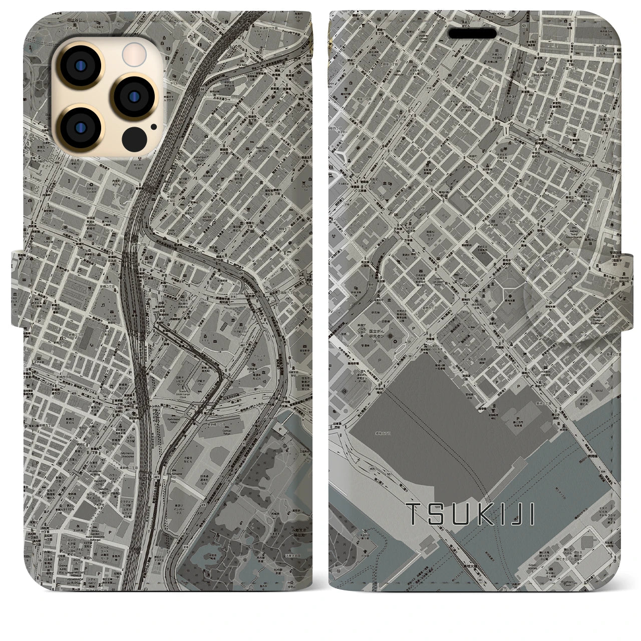 【築地(東京都)】地図柄iPhoneケース(手帳タイプ)モノトーン・iPhone 12 Pro Max 用