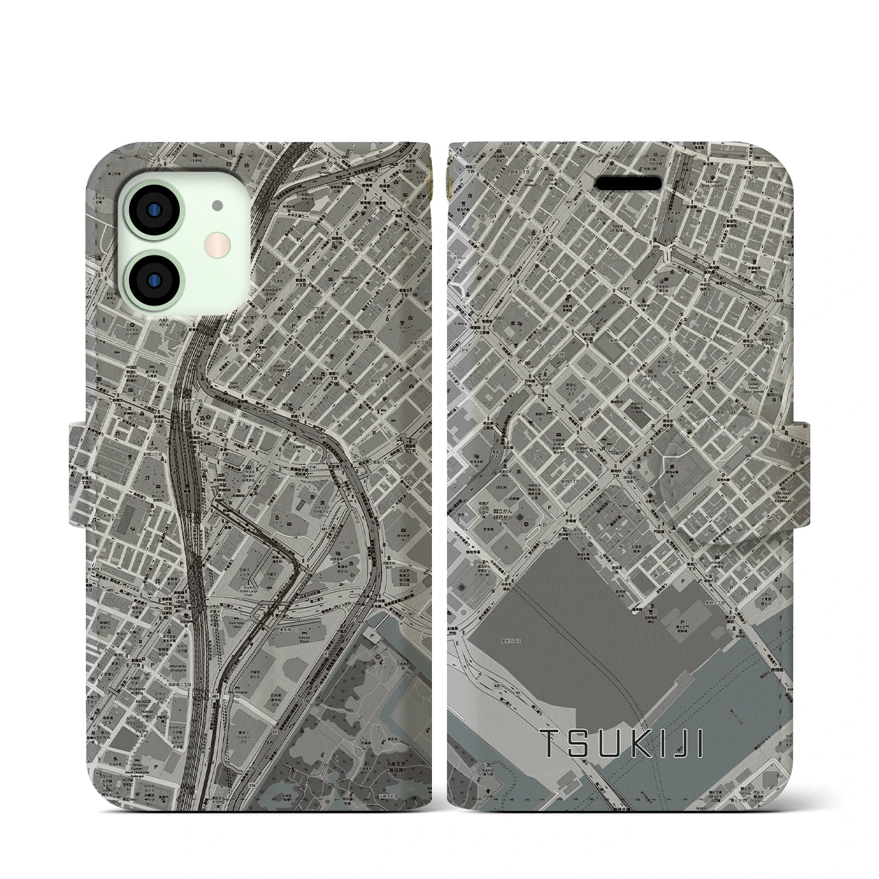 【築地(東京都)】地図柄iPhoneケース(手帳タイプ)モノトーン・iPhone 12 mini 用