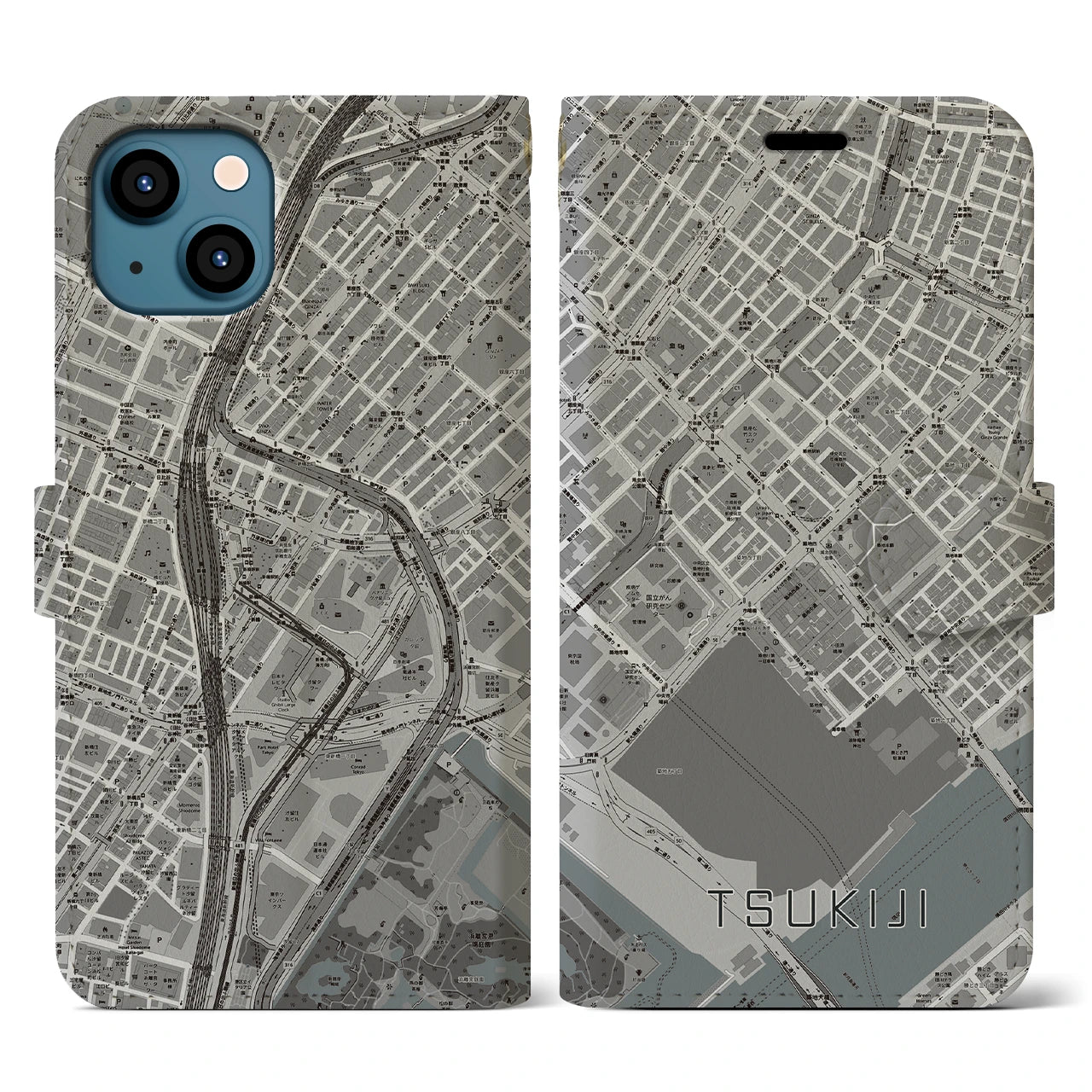 【築地(東京都)】地図柄iPhoneケース(手帳タイプ)モノトーン・iPhone 13 用