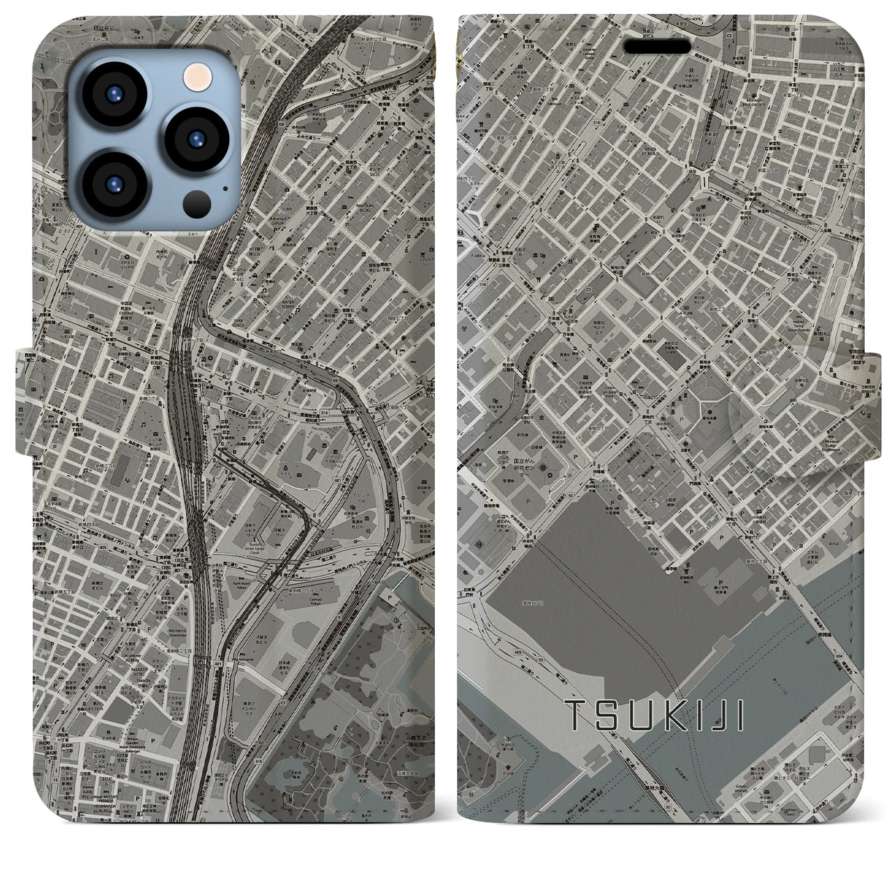 【築地(東京都)】地図柄iPhoneケース(手帳タイプ)モノトーン・iPhone 13 Pro Max 用