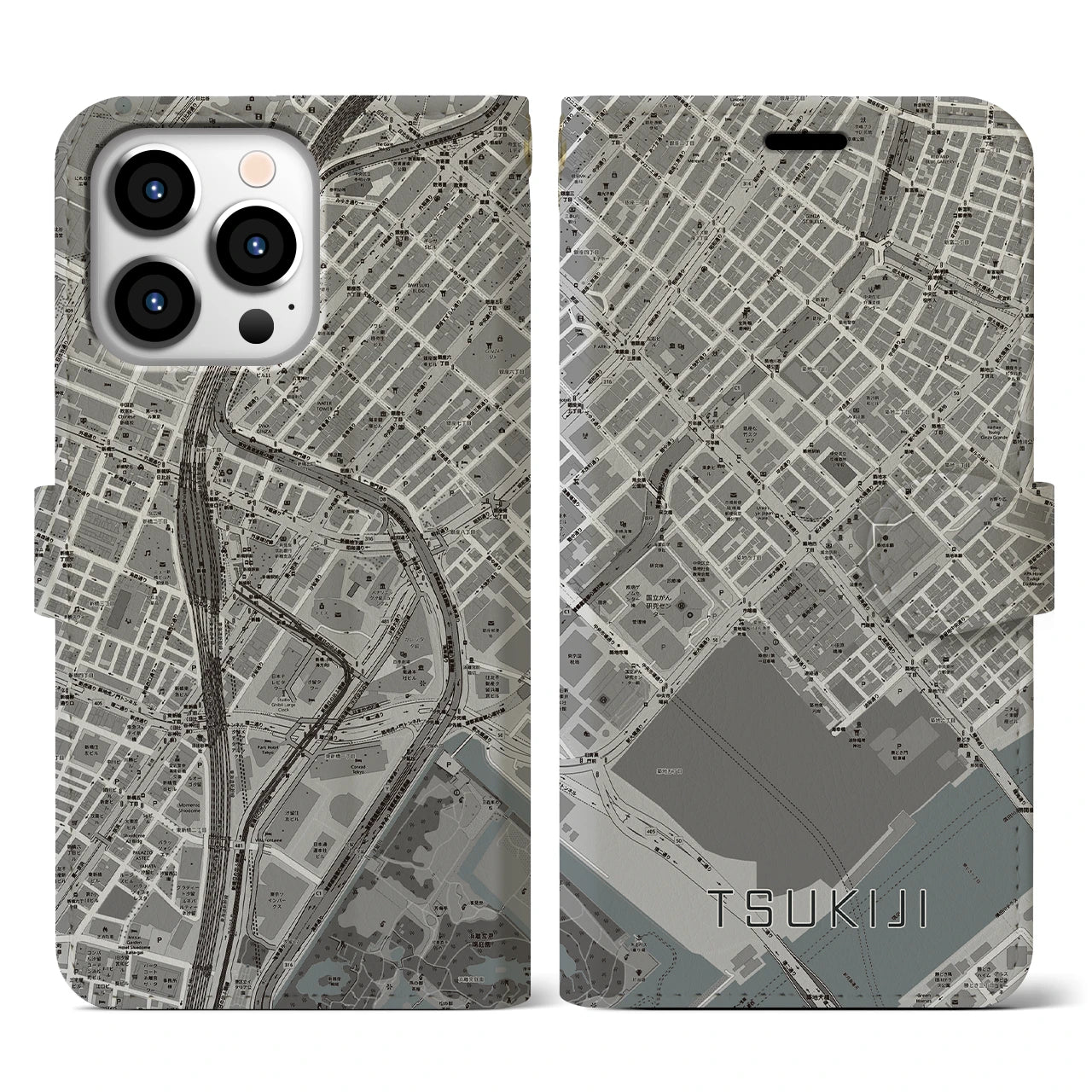 【築地(東京都)】地図柄iPhoneケース(手帳タイプ)モノトーン・iPhone 13 Pro 用