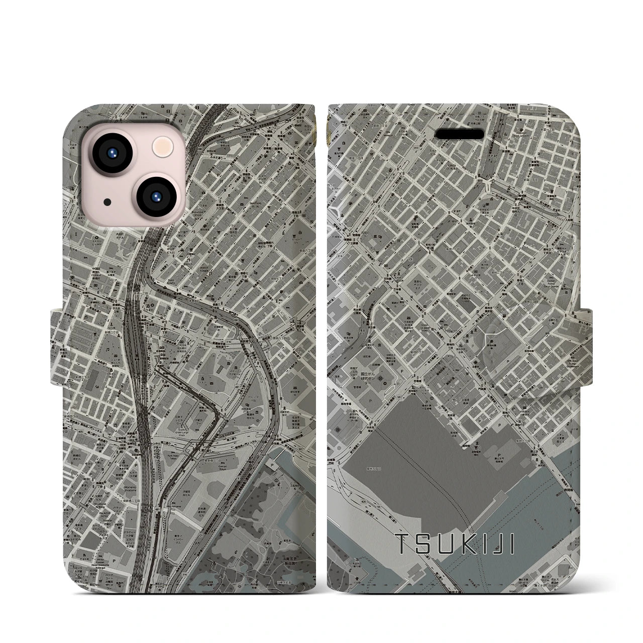 【築地(東京都)】地図柄iPhoneケース(手帳タイプ)モノトーン・iPhone 13 mini 用