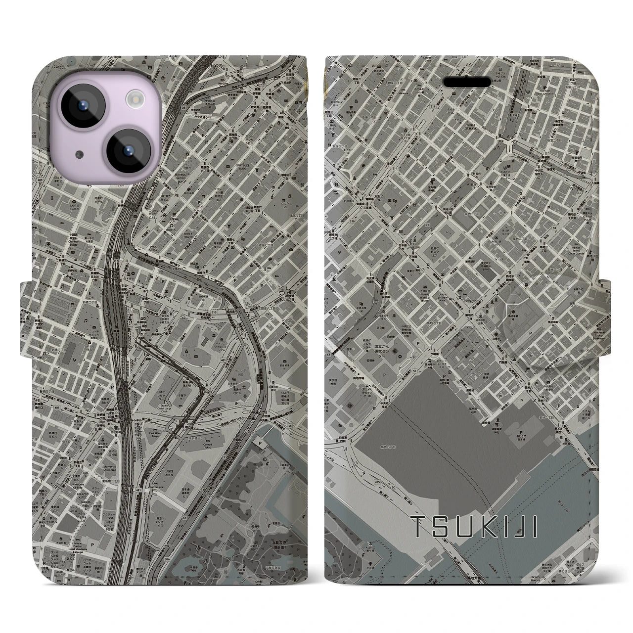 【築地(東京都)】地図柄iPhoneケース(手帳タイプ)モノトーン・iPhone 14 用