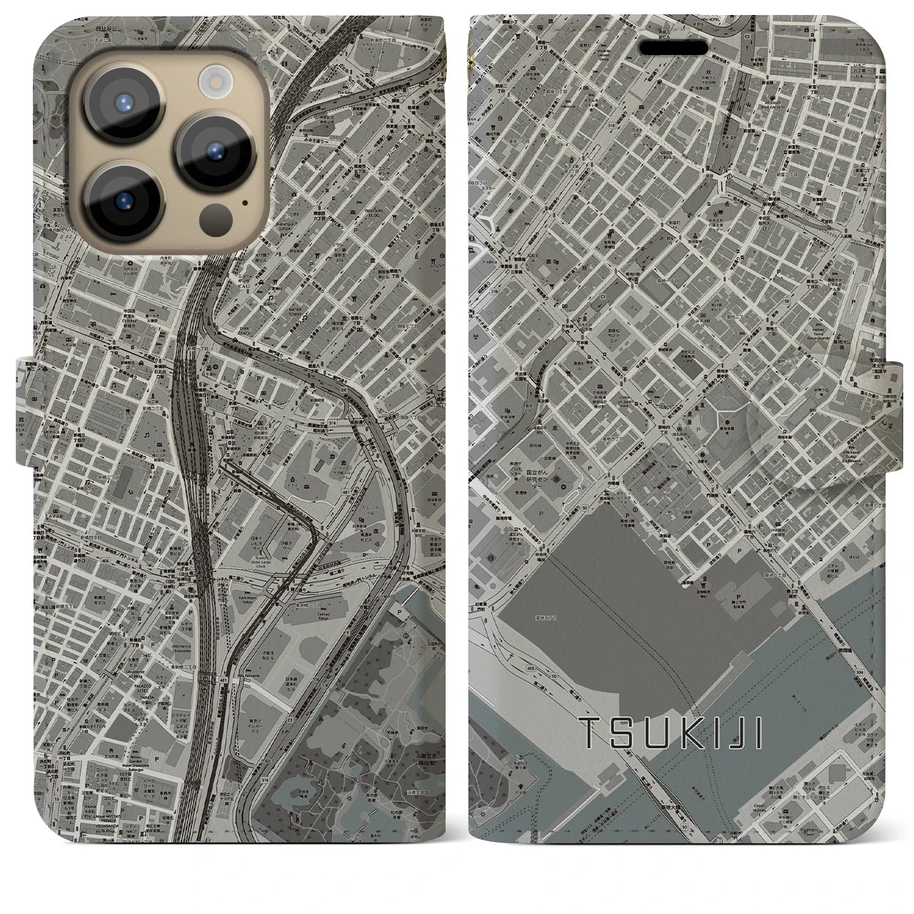 【築地(東京都)】地図柄iPhoneケース(手帳タイプ)モノトーン・iPhone 14 Pro Max 用