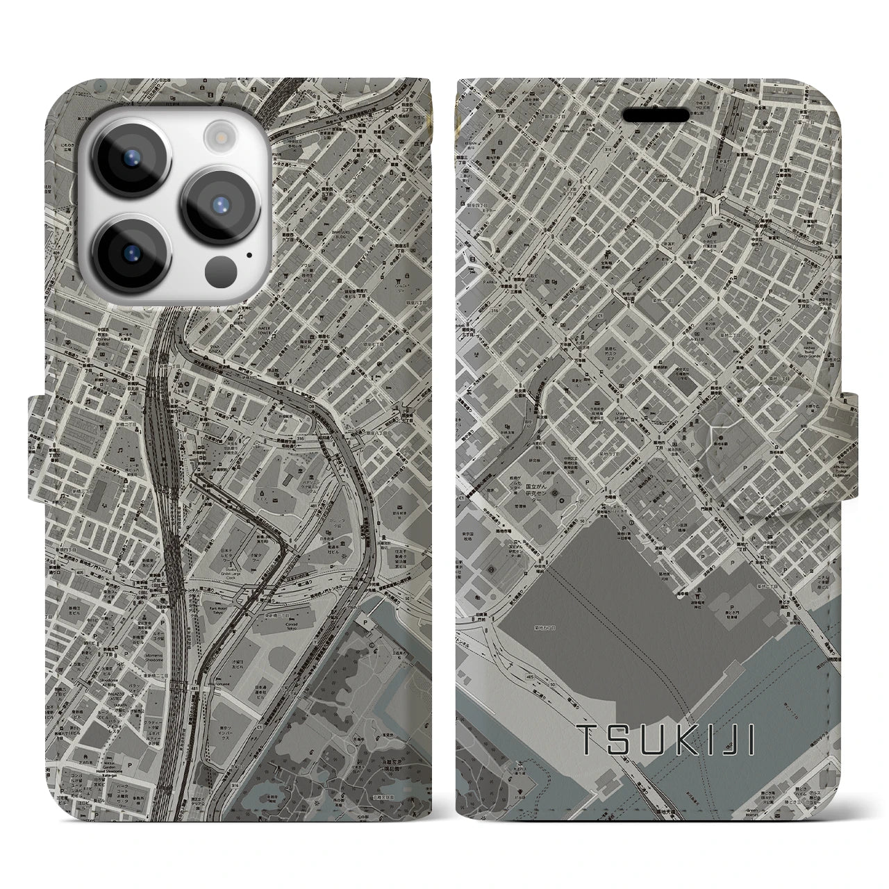 【築地(東京都)】地図柄iPhoneケース(手帳タイプ)モノトーン・iPhone 14 Pro 用