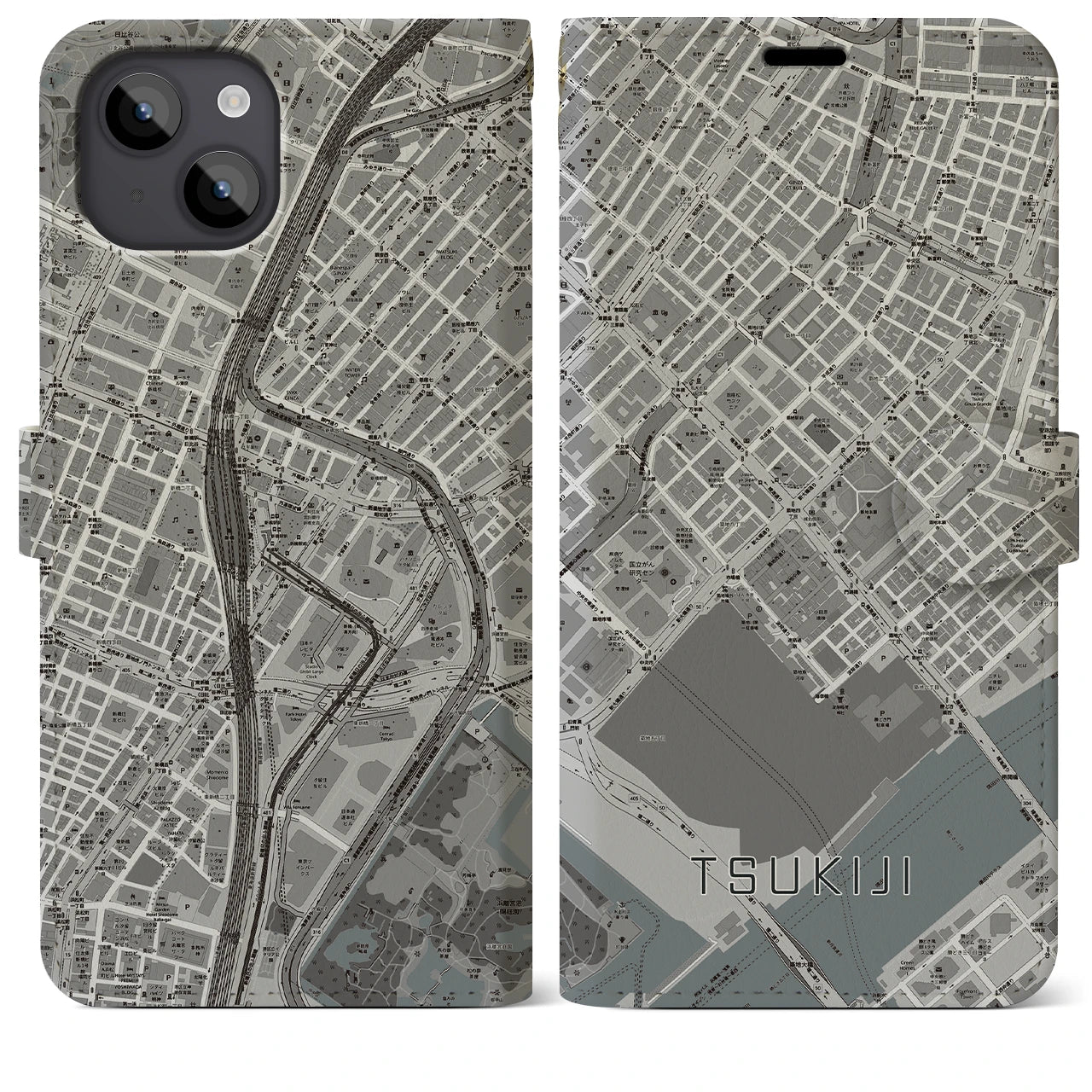 【築地(東京都)】地図柄iPhoneケース(手帳タイプ)モノトーン・iPhone 14 Plus 用