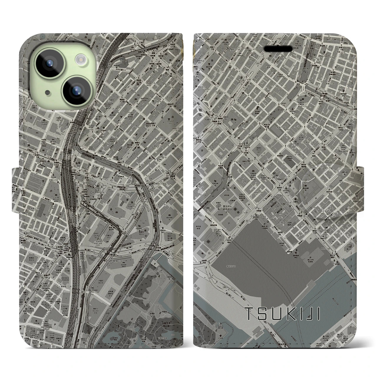 【築地(東京都)】地図柄iPhoneケース(手帳タイプ)モノトーン・iPhone 15 用