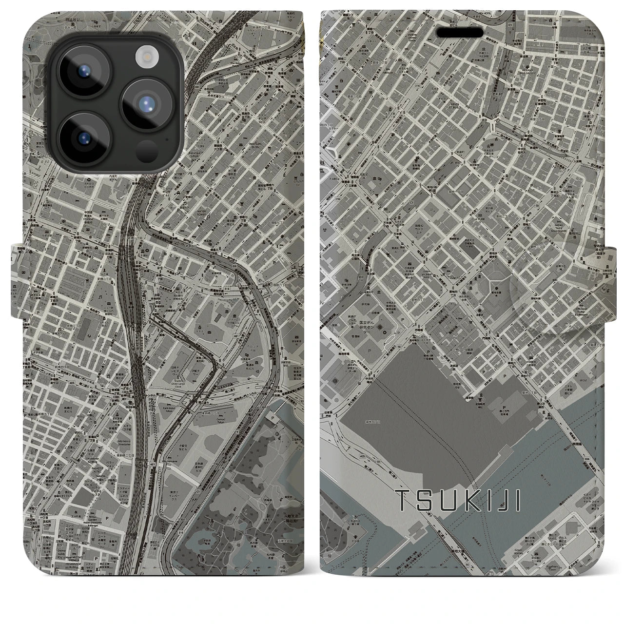 【築地(東京都)】地図柄iPhoneケース(手帳タイプ)モノトーン・iPhone 15 Pro Max 用