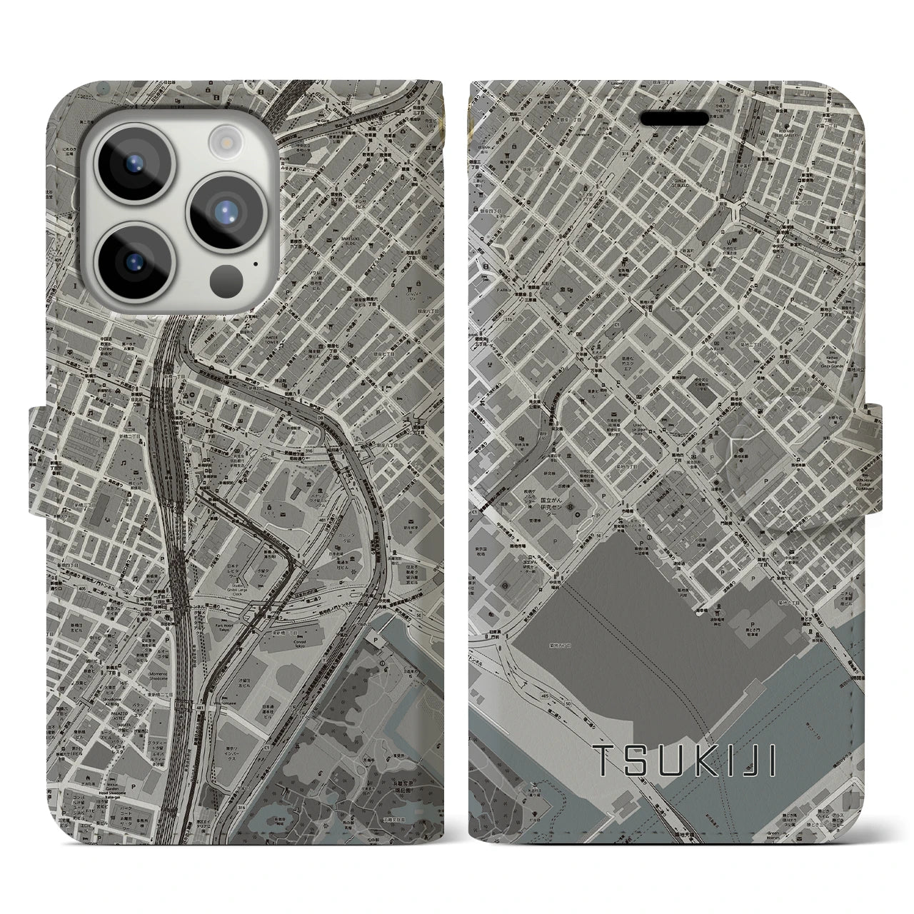 【築地(東京都)】地図柄iPhoneケース(手帳タイプ)モノトーン・iPhone 15 Pro 用