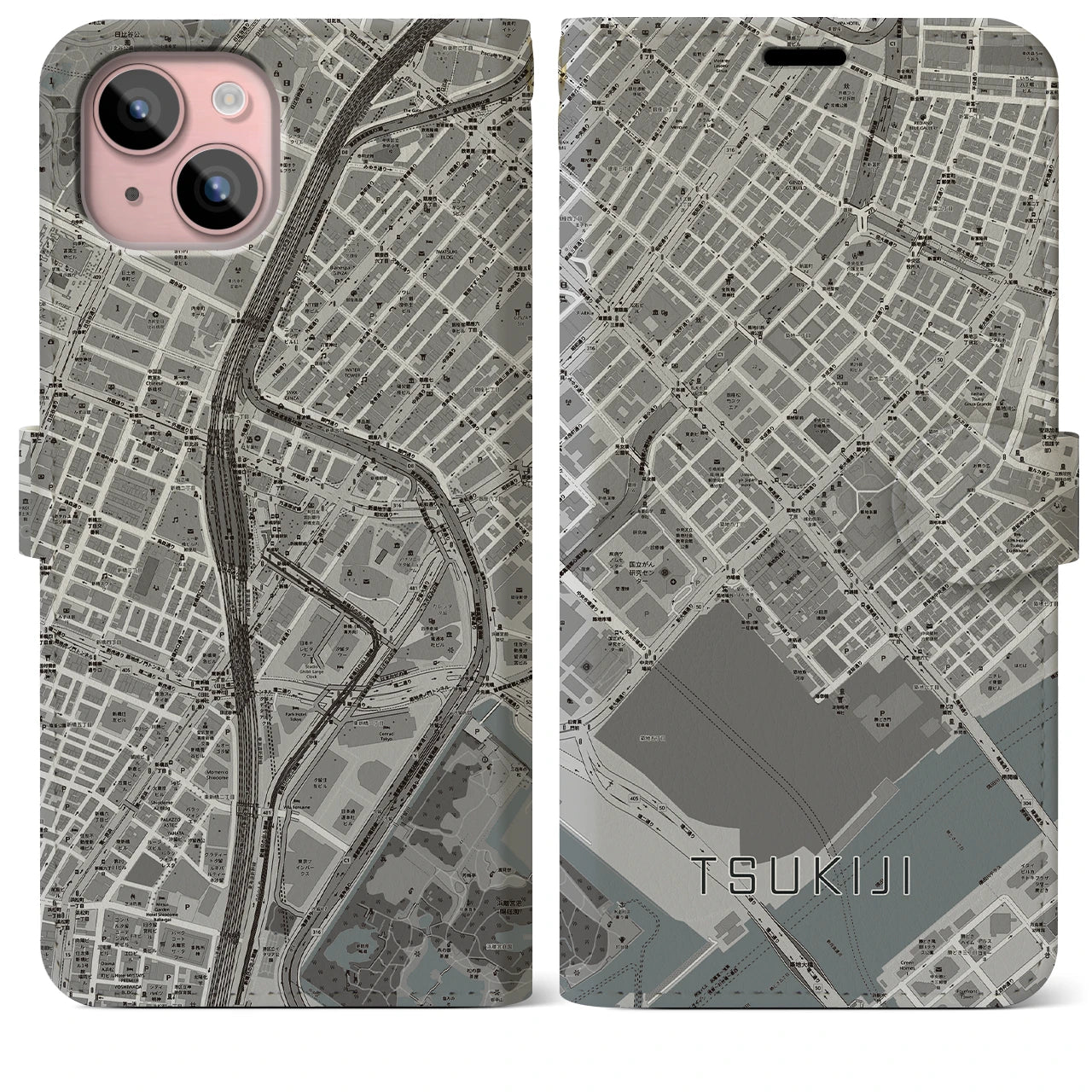 【築地(東京都)】地図柄iPhoneケース(手帳タイプ)モノトーン・iPhone 15 Plus 用