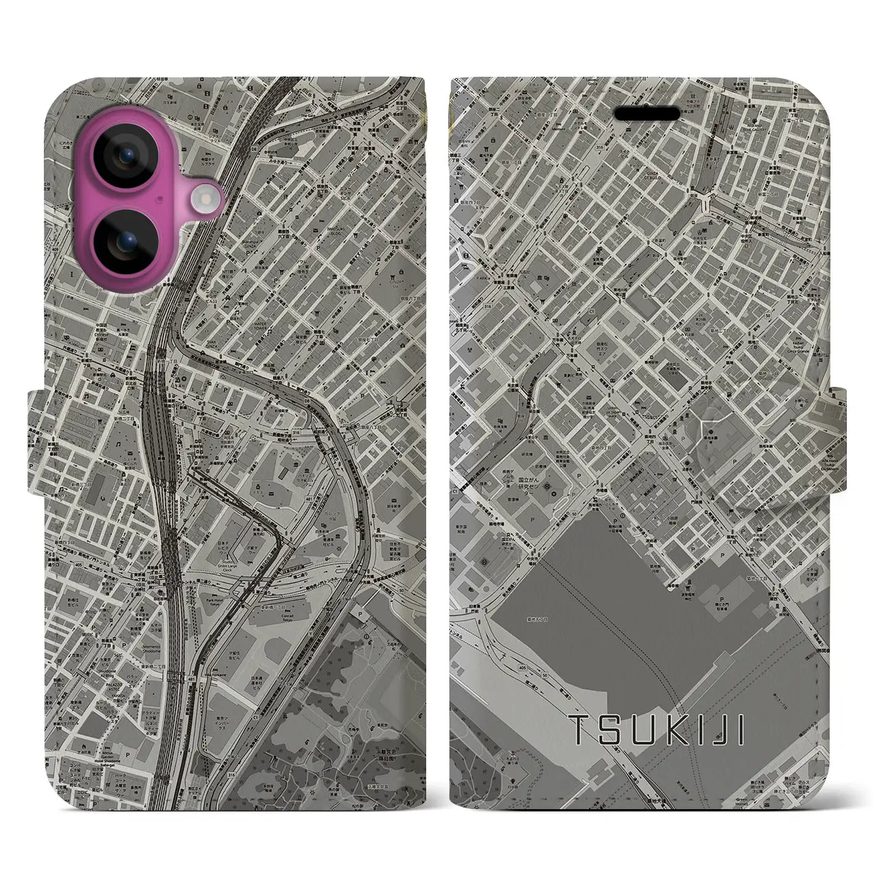 【築地(東京都)】地図柄iPhoneケース(手帳タイプ)モノトーン・iPhone 16 Pro 用