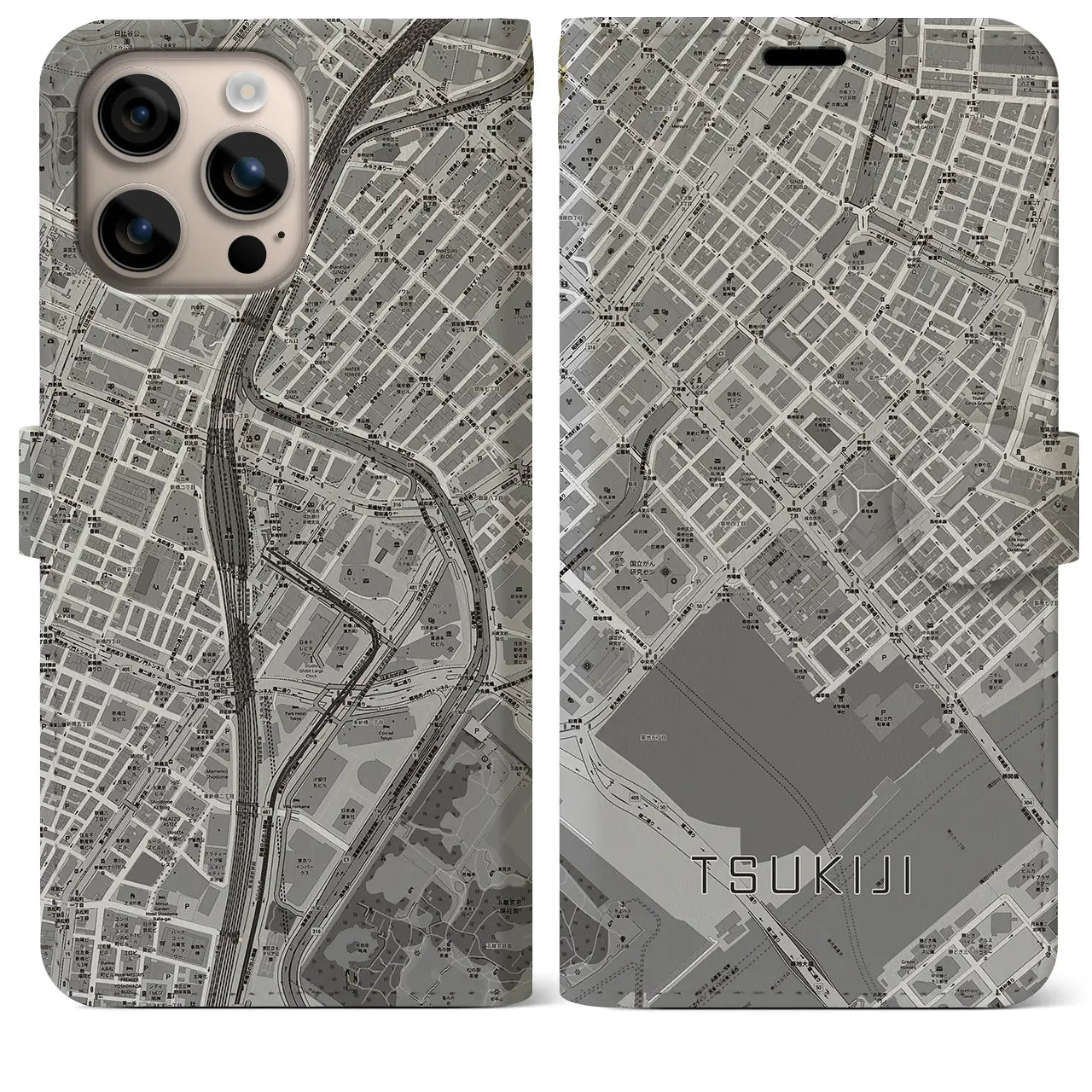 【築地(東京都)】地図柄iPhoneケース(手帳タイプ)モノトーン・iPhone 16 Plus 用