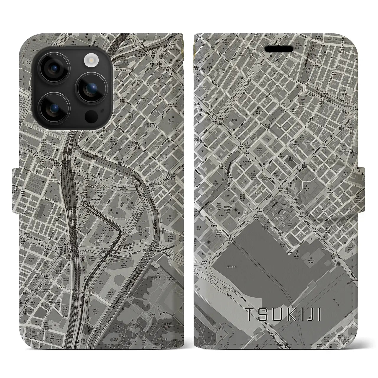 【築地(東京都)】地図柄iPhoneケース(手帳タイプ)モノトーン・iPhone 16 用