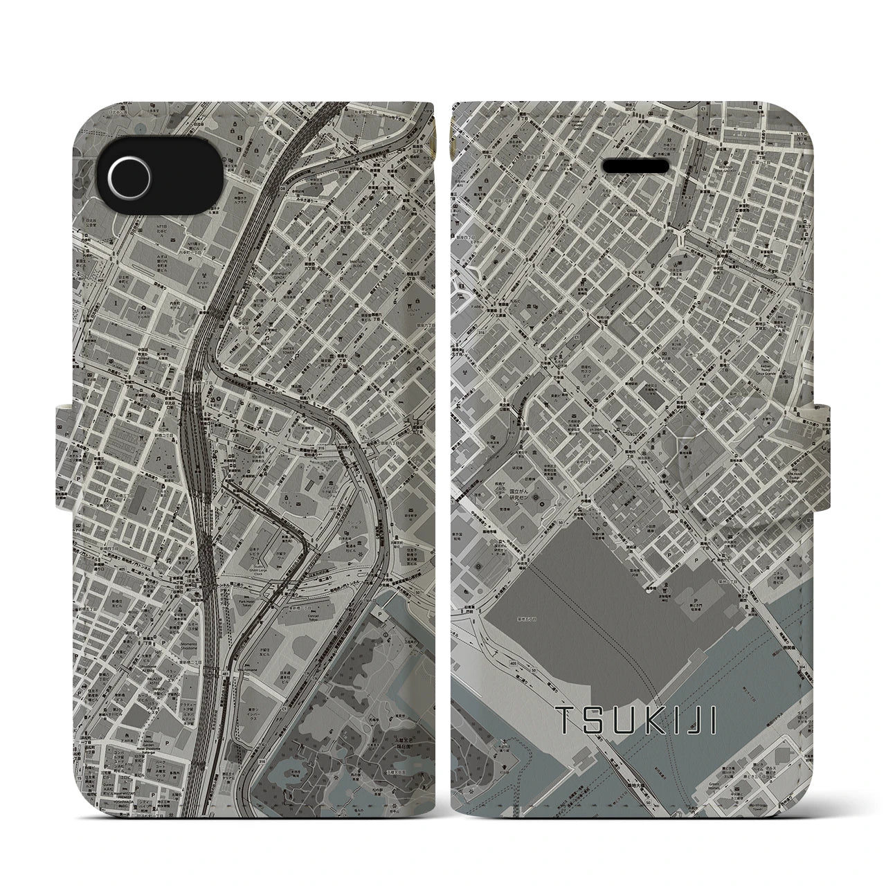 【築地(東京都)】地図柄iPhoneケース(手帳タイプ)モノトーン・iPhone SE(第3 / 第2世代) / 8 / 7 / 6s / 6 用
