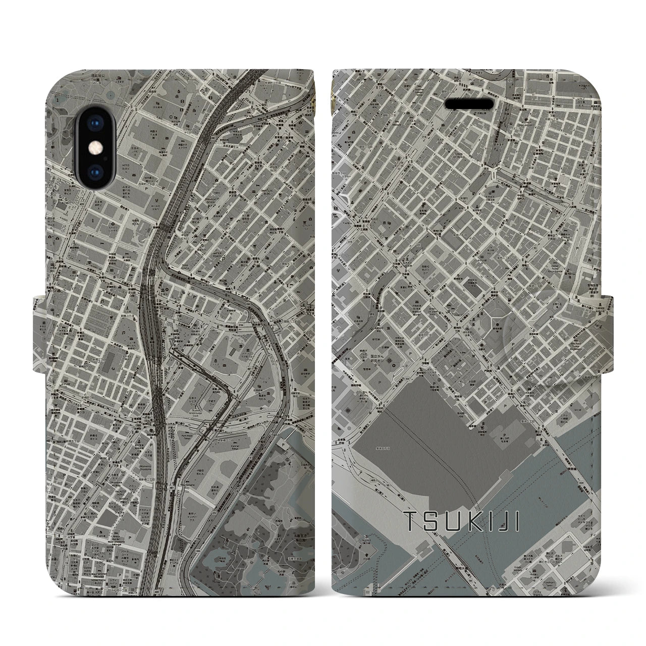 【築地(東京都)】地図柄iPhoneケース(手帳タイプ)モノトーン・iPhone XS / X 用