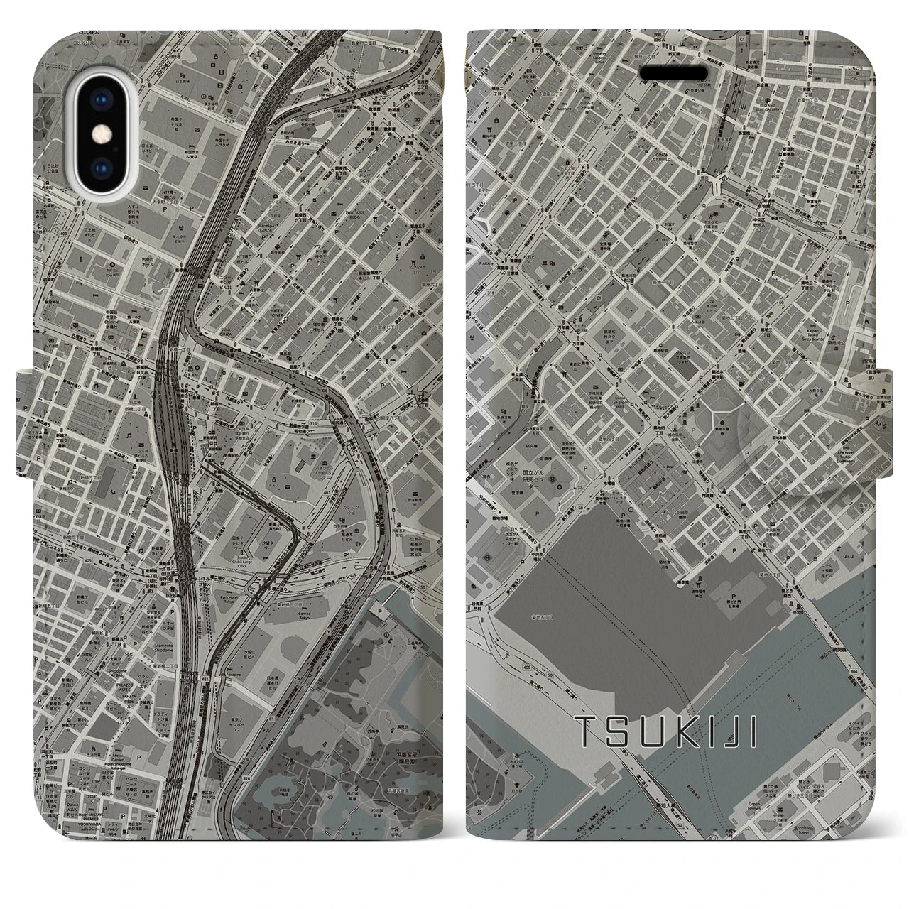 【築地(東京都)】地図柄iPhoneケース(手帳タイプ)モノトーン・iPhone XS Max 用