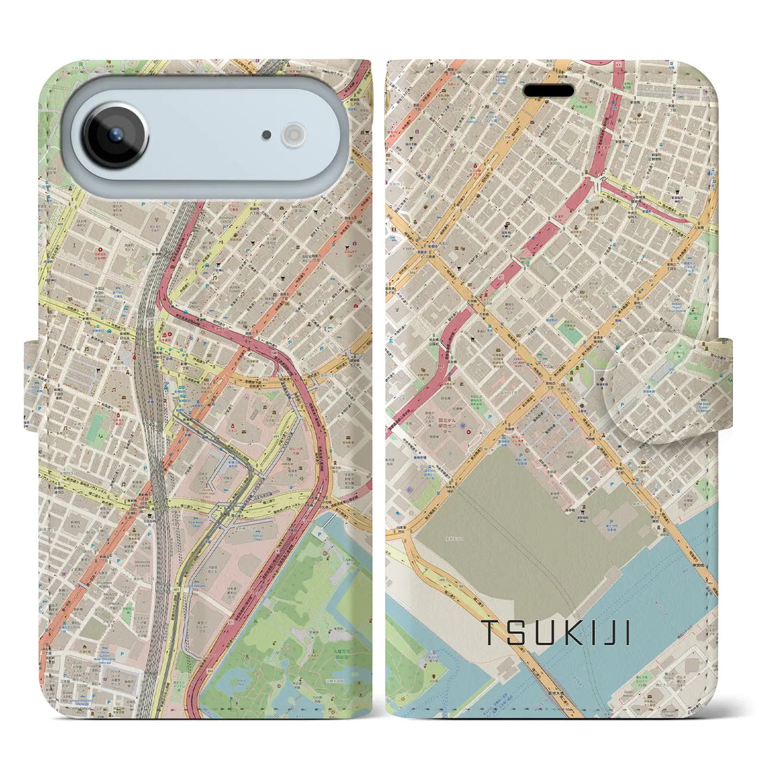 【築地(東京都)】地図柄iPhoneケース(手帳タイプ)ナチュラル・iPhone 17 Pro Max 用