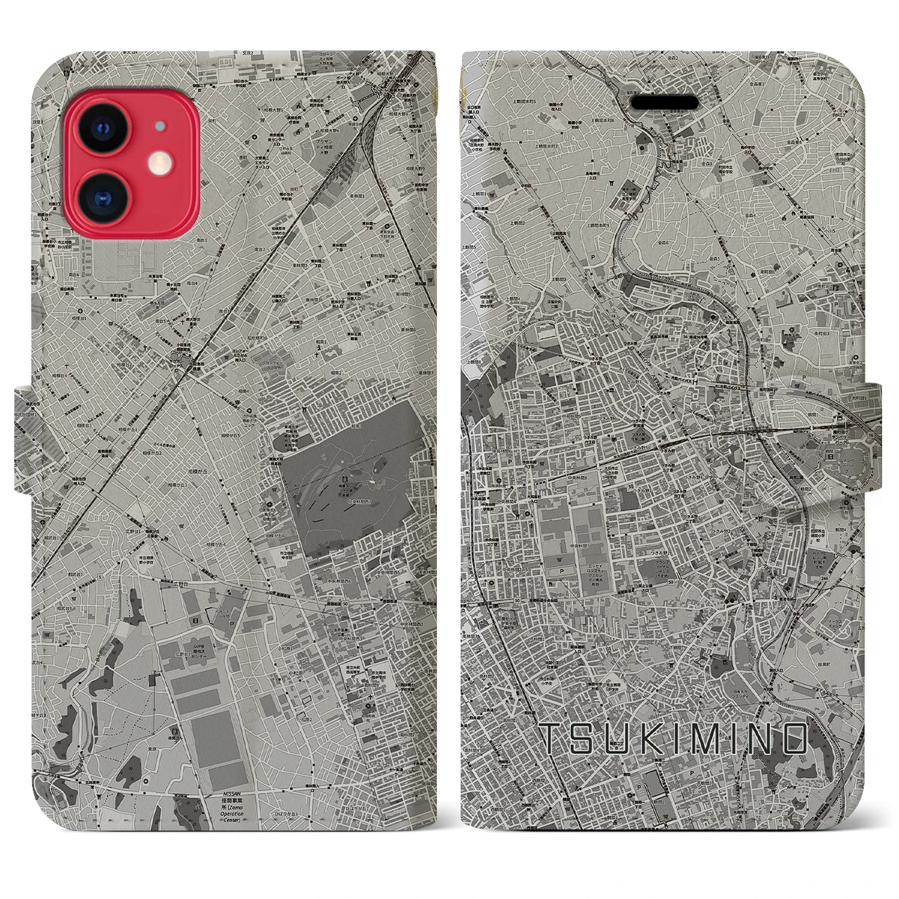 【つきみ野(神奈川県)】地図柄iPhoneケース(手帳タイプ)モノトーン・iPhone 11 用