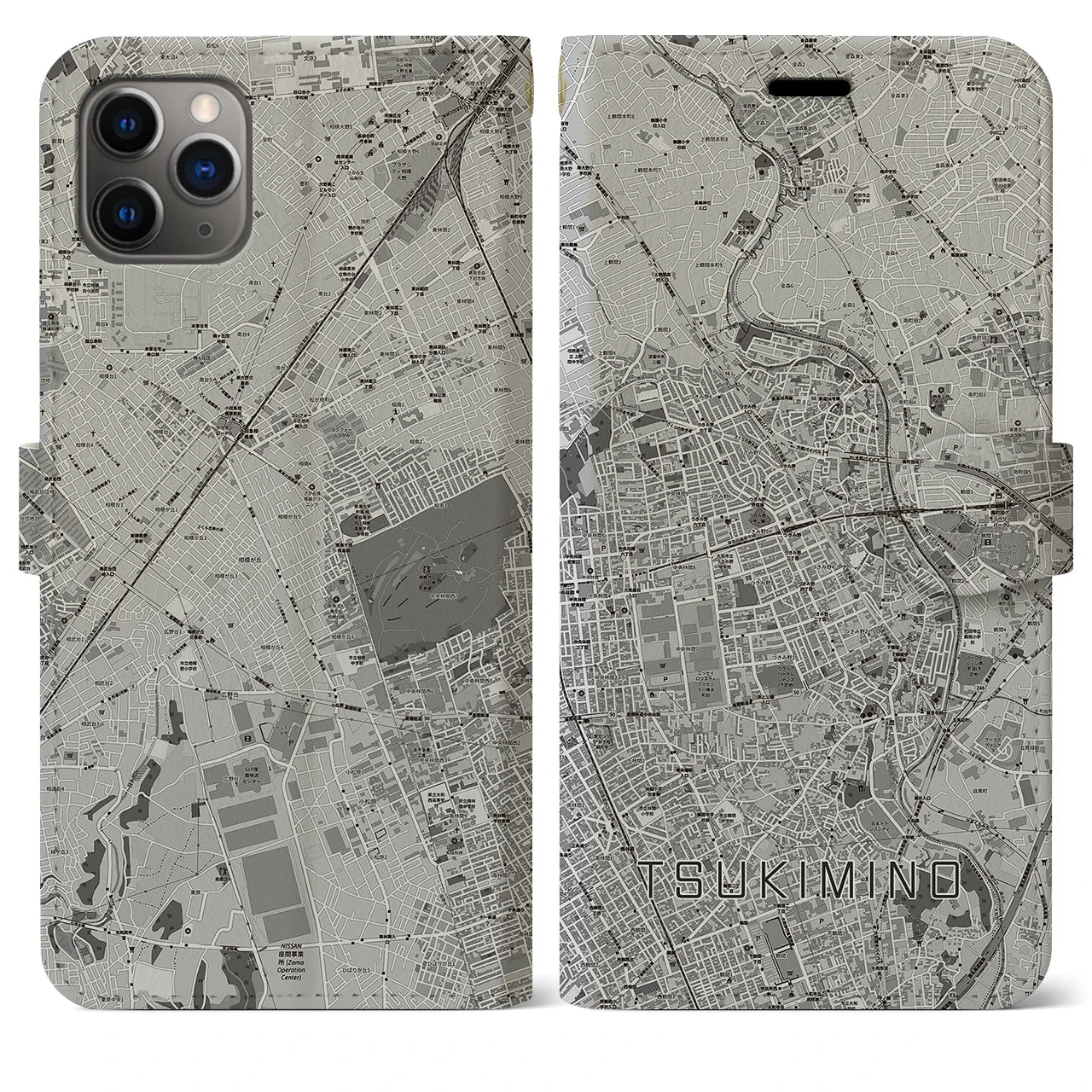 【つきみ野(神奈川県)】地図柄iPhoneケース(手帳タイプ)モノトーン・iPhone 11 Pro Max 用