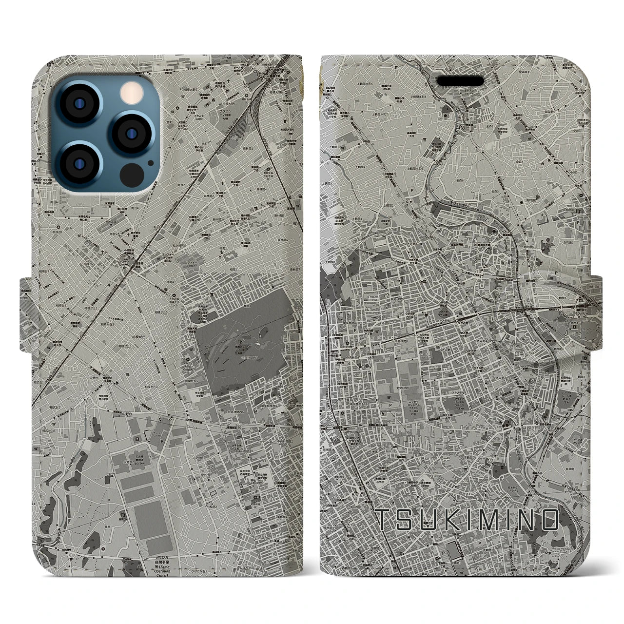 【つきみ野(神奈川県)】地図柄iPhoneケース(手帳タイプ)モノトーン・iPhone 12 / 12 Pro 用