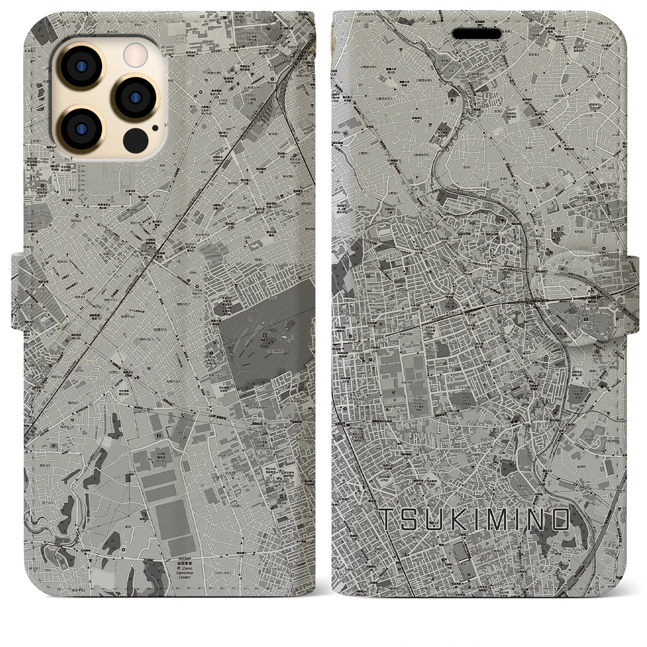【つきみ野(神奈川県)】地図柄iPhoneケース(手帳タイプ)モノトーン・iPhone 12 Pro Max 用