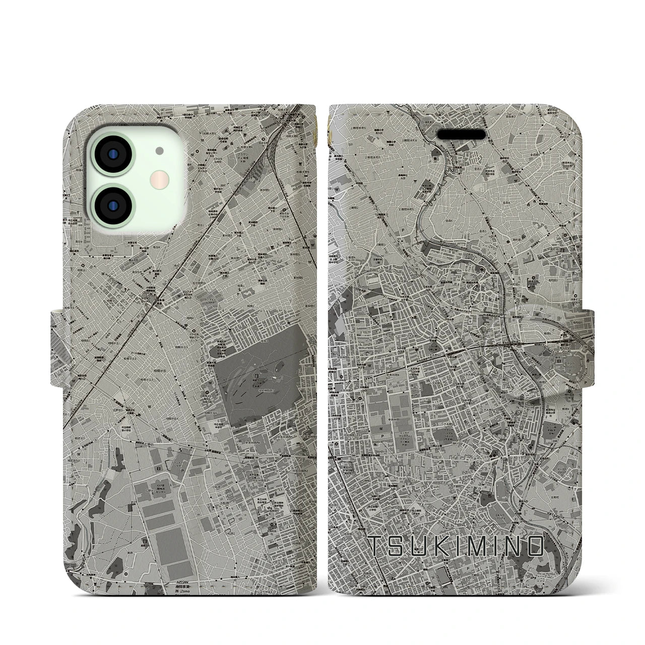 【つきみ野(神奈川県)】地図柄iPhoneケース(手帳タイプ)モノトーン・iPhone 12 mini 用