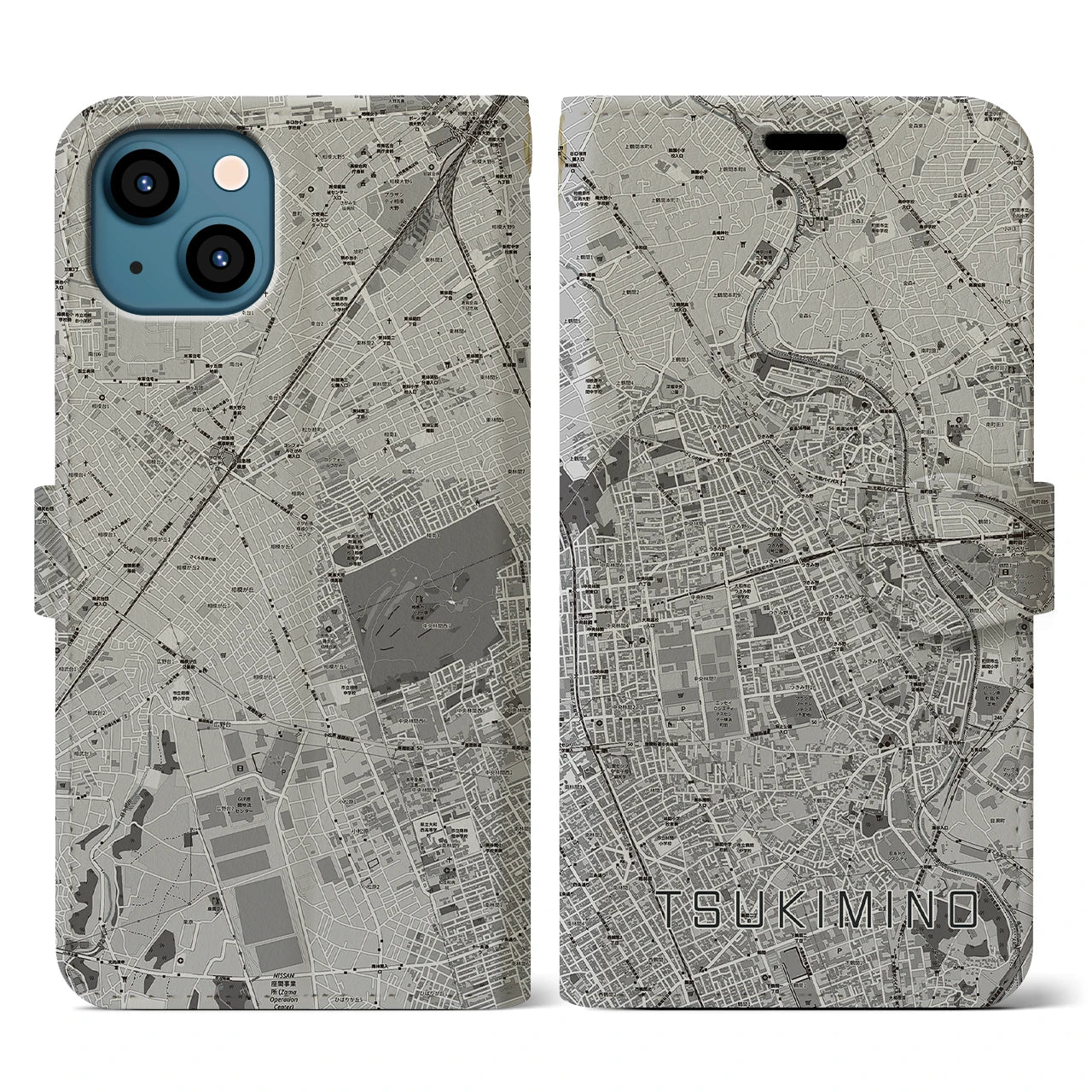 【つきみ野(神奈川県)】地図柄iPhoneケース(手帳タイプ)モノトーン・iPhone 13 用