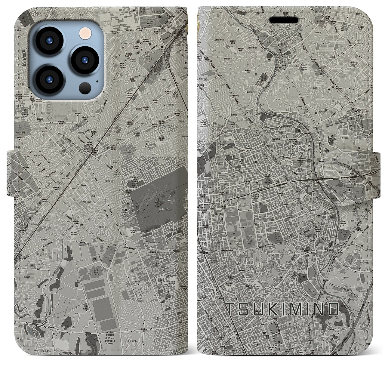 【つきみ野(神奈川県)】地図柄iPhoneケース(手帳タイプ)モノトーン・iPhone 13 Pro Max 用
