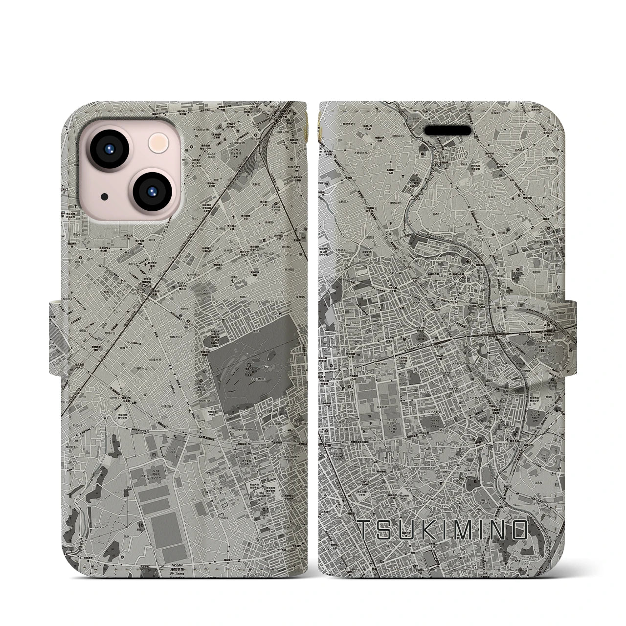 【つきみ野(神奈川県)】地図柄iPhoneケース(手帳タイプ)モノトーン・iPhone 13 mini 用