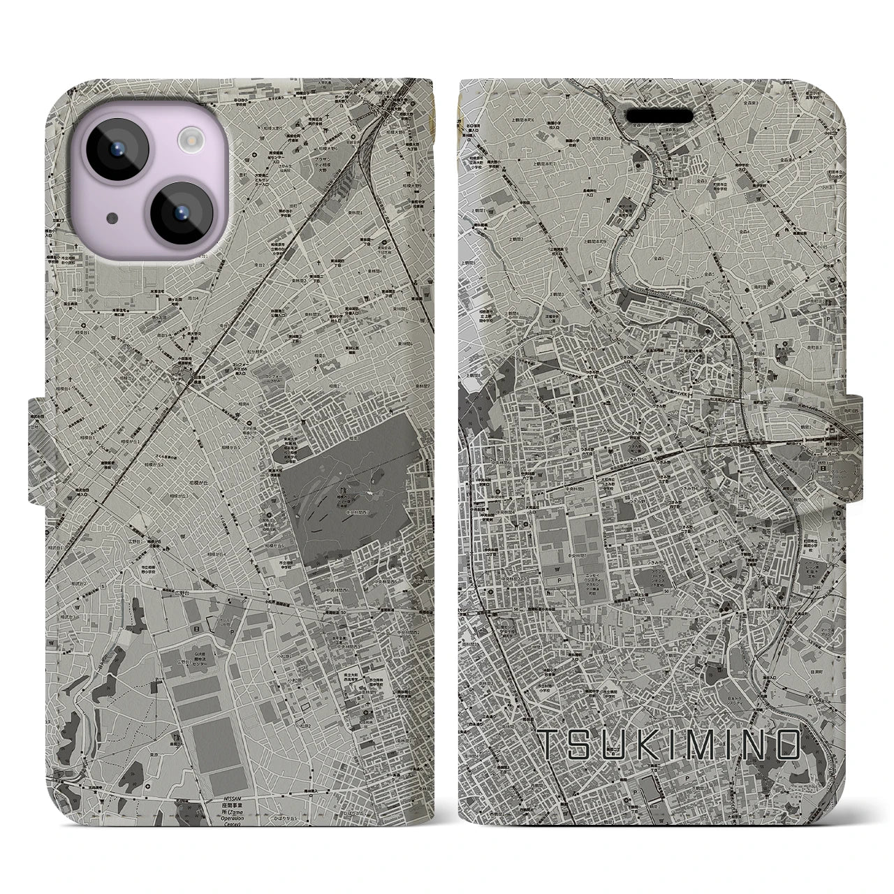 【つきみ野(神奈川県)】地図柄iPhoneケース(手帳タイプ)モノトーン・iPhone 14 用