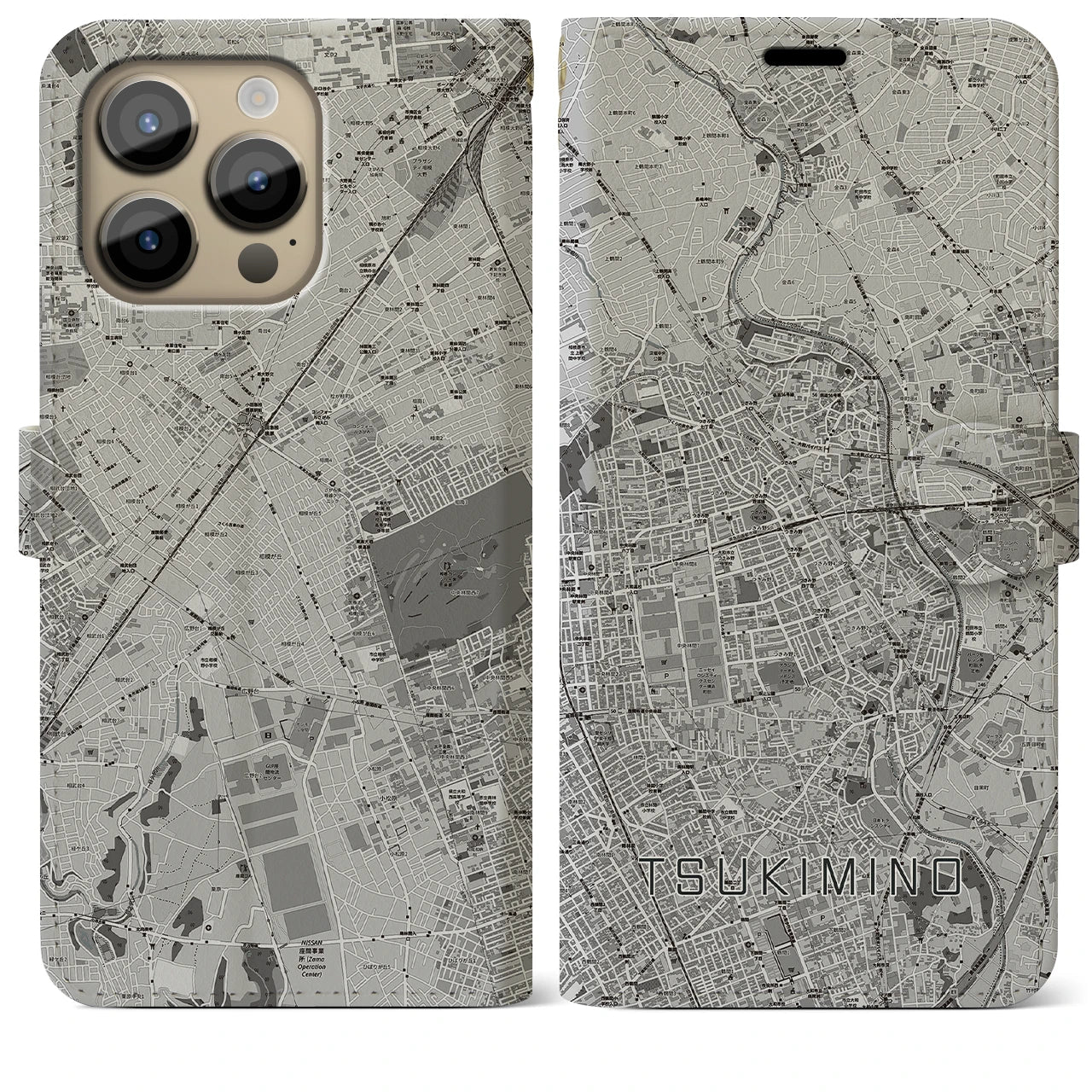 【つきみ野(神奈川県)】地図柄iPhoneケース(手帳タイプ)モノトーン・iPhone 14 Pro Max 用
