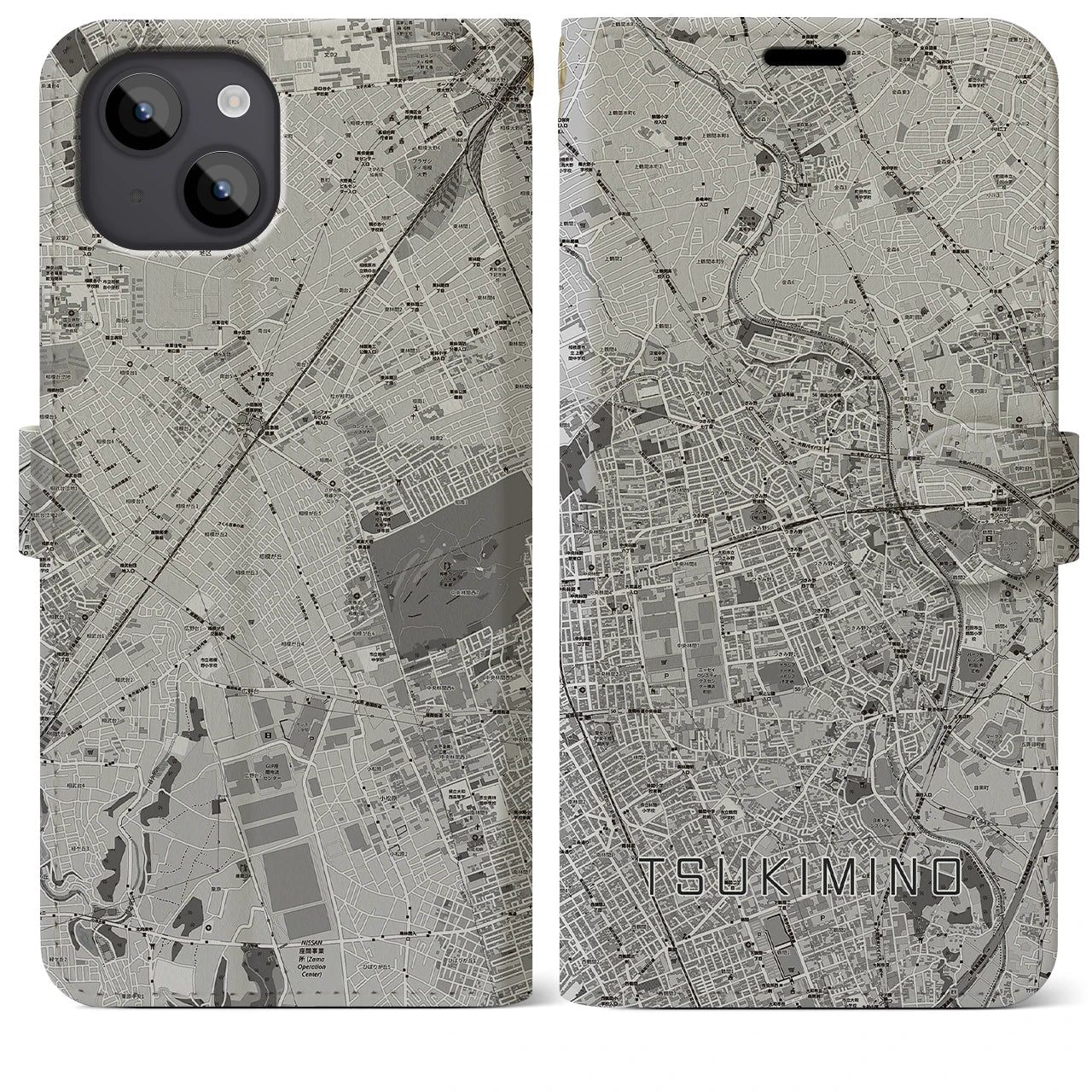 【つきみ野(神奈川県)】地図柄iPhoneケース(手帳タイプ)モノトーン・iPhone 14 Plus 用