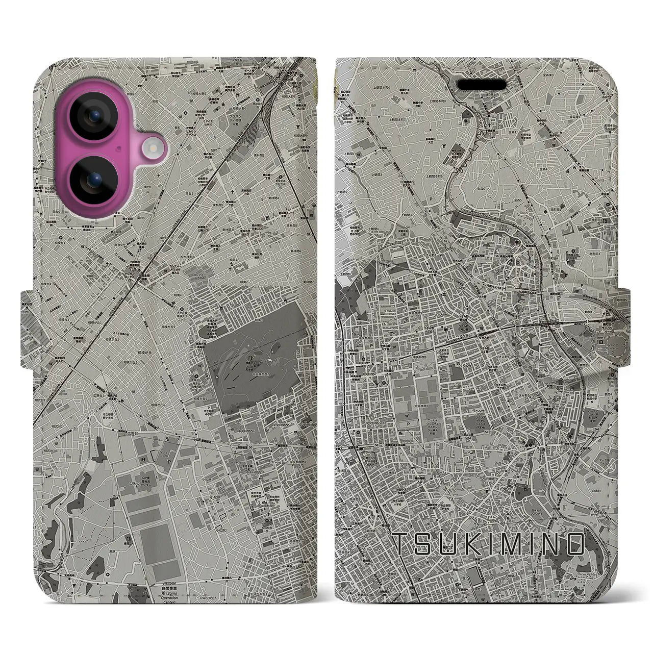 【つきみ野(神奈川県)】地図柄iPhoneケース(手帳タイプ)モノトーン・iPhone 16 Pro 用