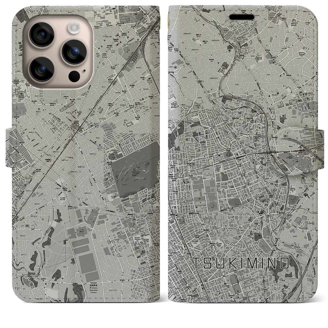 【つきみ野(神奈川県)】地図柄iPhoneケース(手帳タイプ)モノトーン・iPhone 16 Plus 用