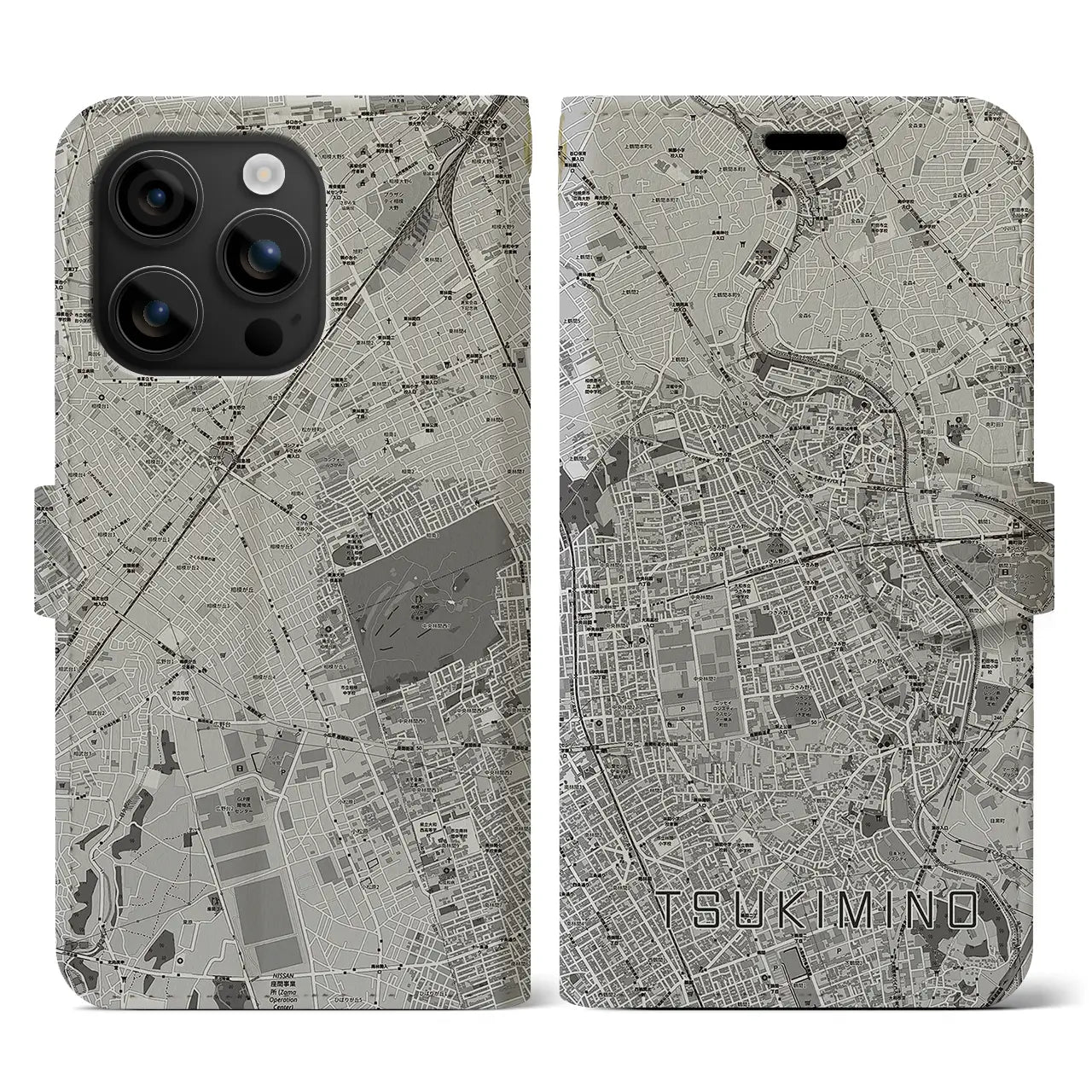 【つきみ野(神奈川県)】地図柄iPhoneケース(手帳タイプ)モノトーン・iPhone 16 用