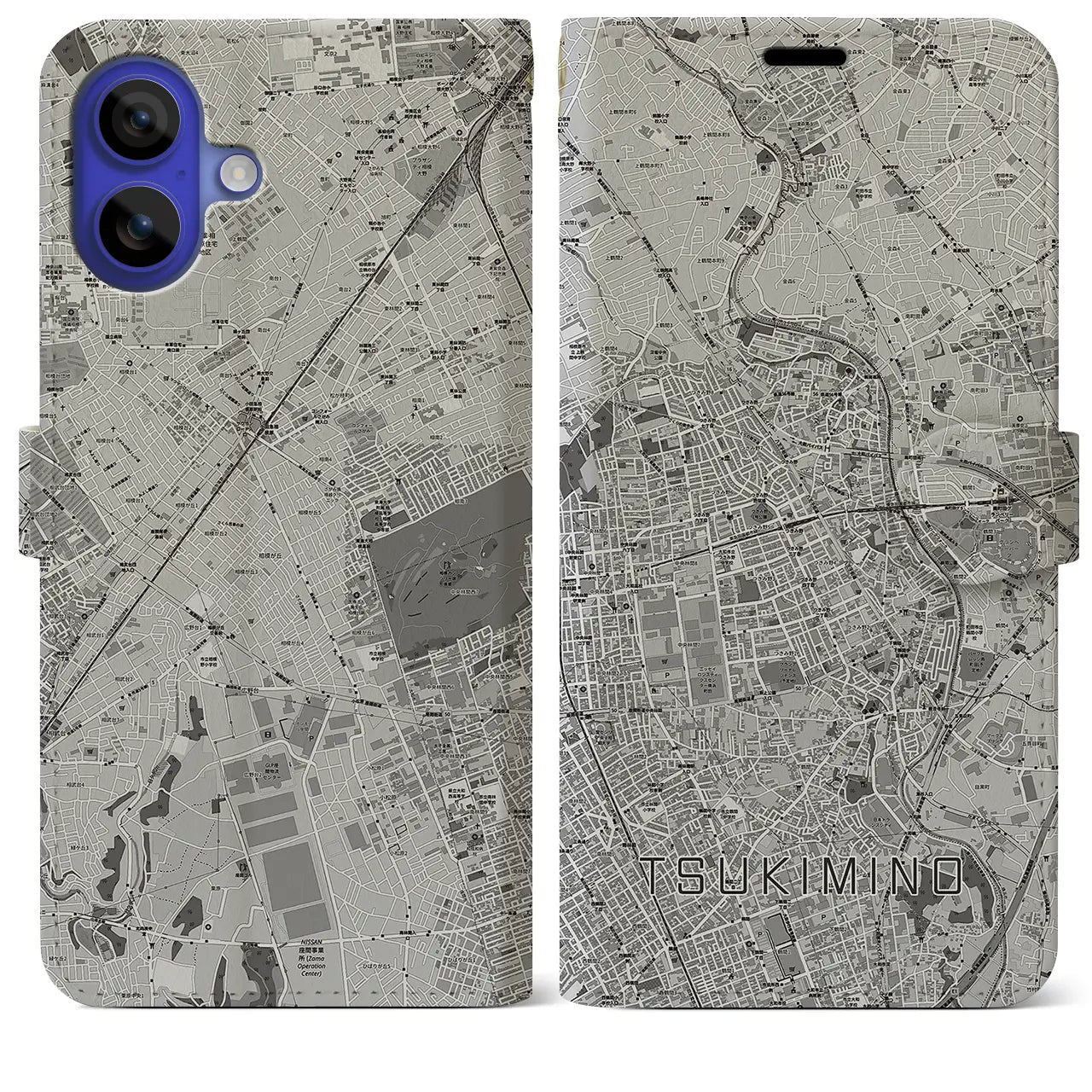 【つきみ野(神奈川県)】地図柄iPhoneケース(手帳タイプ)モノトーン・iPhone 16 Pro Max 用