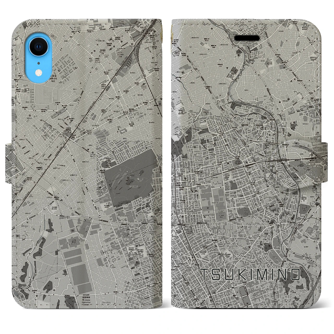 【つきみ野(神奈川県)】地図柄iPhoneケース(手帳タイプ)モノトーン・iPhone XR 用