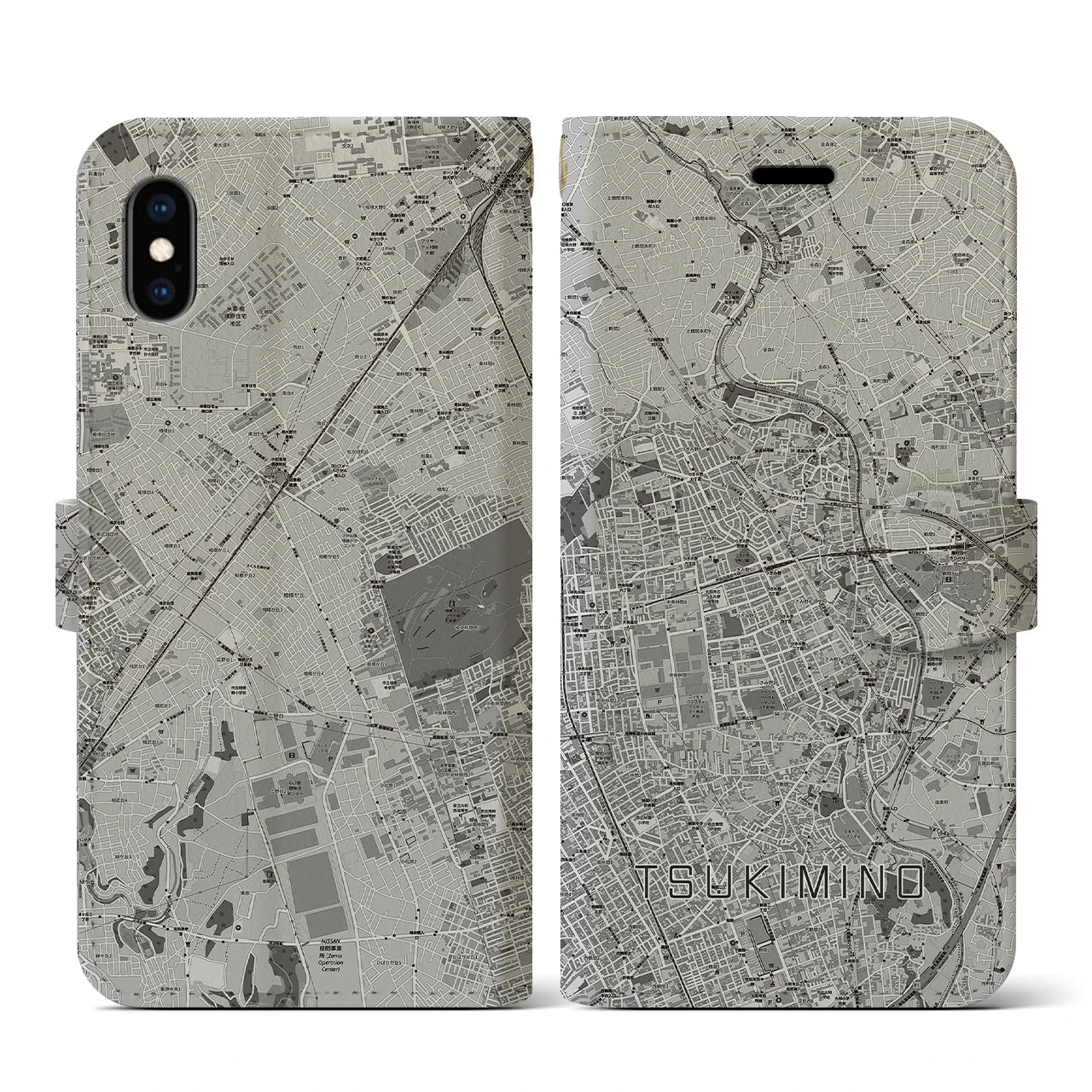 【つきみ野(神奈川県)】地図柄iPhoneケース(手帳タイプ)モノトーン・iPhone XS / X 用
