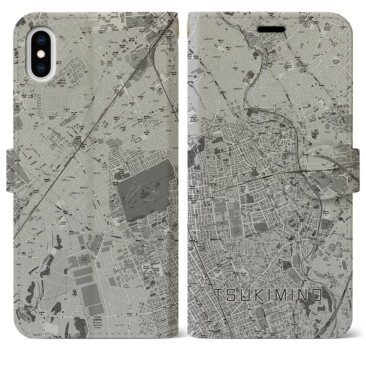 【つきみ野(神奈川県)】地図柄iPhoneケース(手帳タイプ)モノトーン・iPhone XS Max 用