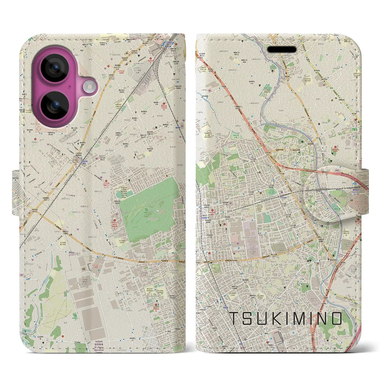 【つきみ野(神奈川県)】地図柄iPhoneケース(手帳タイプ)ナチュラル・iPhone 16 Pro 用