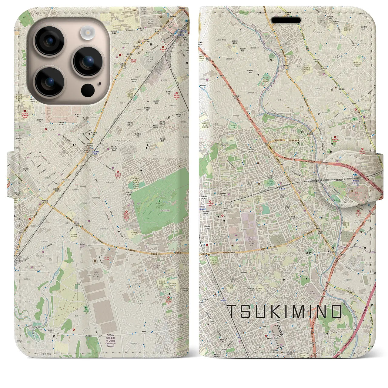 【つきみ野(神奈川県)】地図柄iPhoneケース(手帳タイプ)ナチュラル・iPhone 16 Plus 用