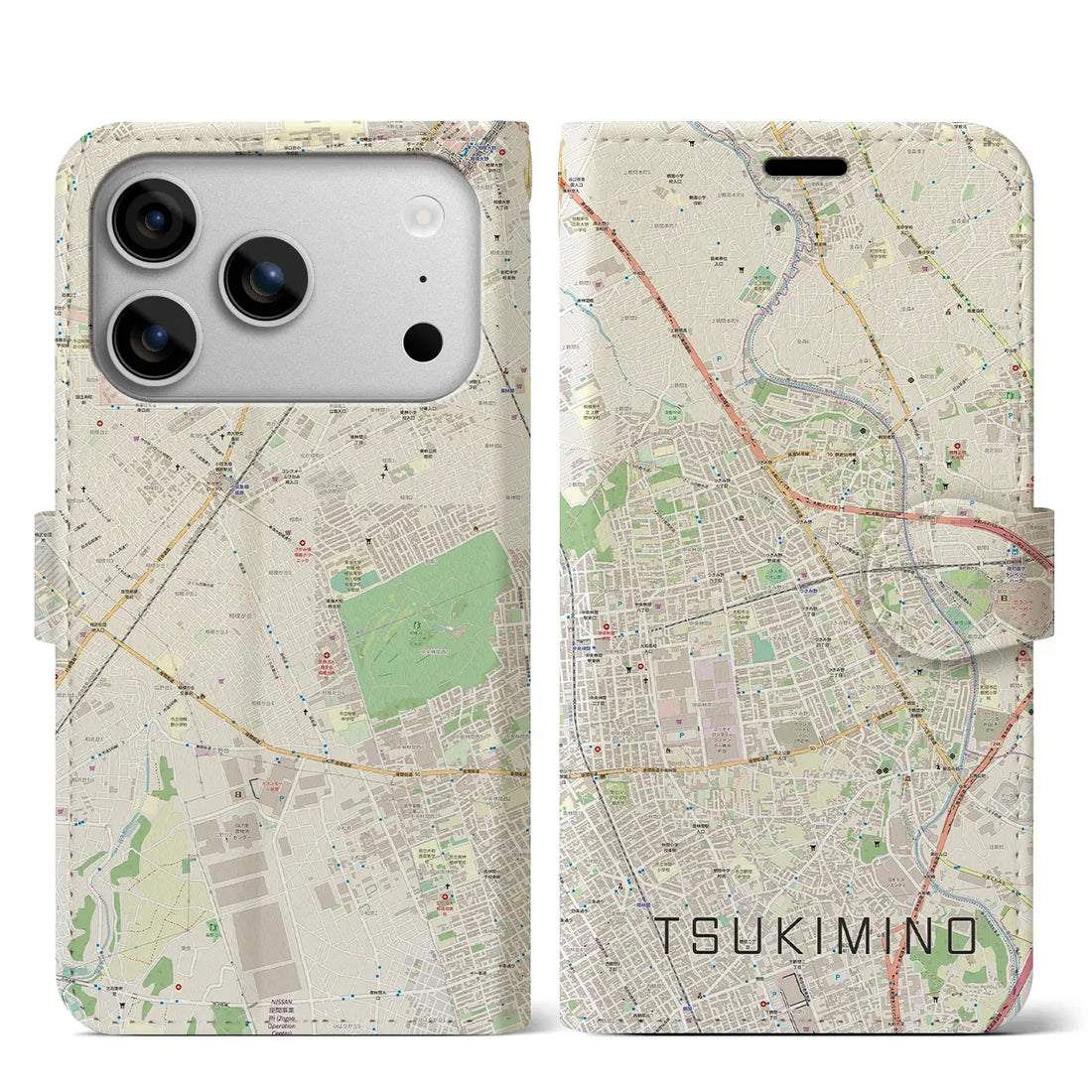 【つきみ野(神奈川県)】地図柄iPhoneケース(手帳タイプ)ナチュラル・iPhone 17 Pro Max 用